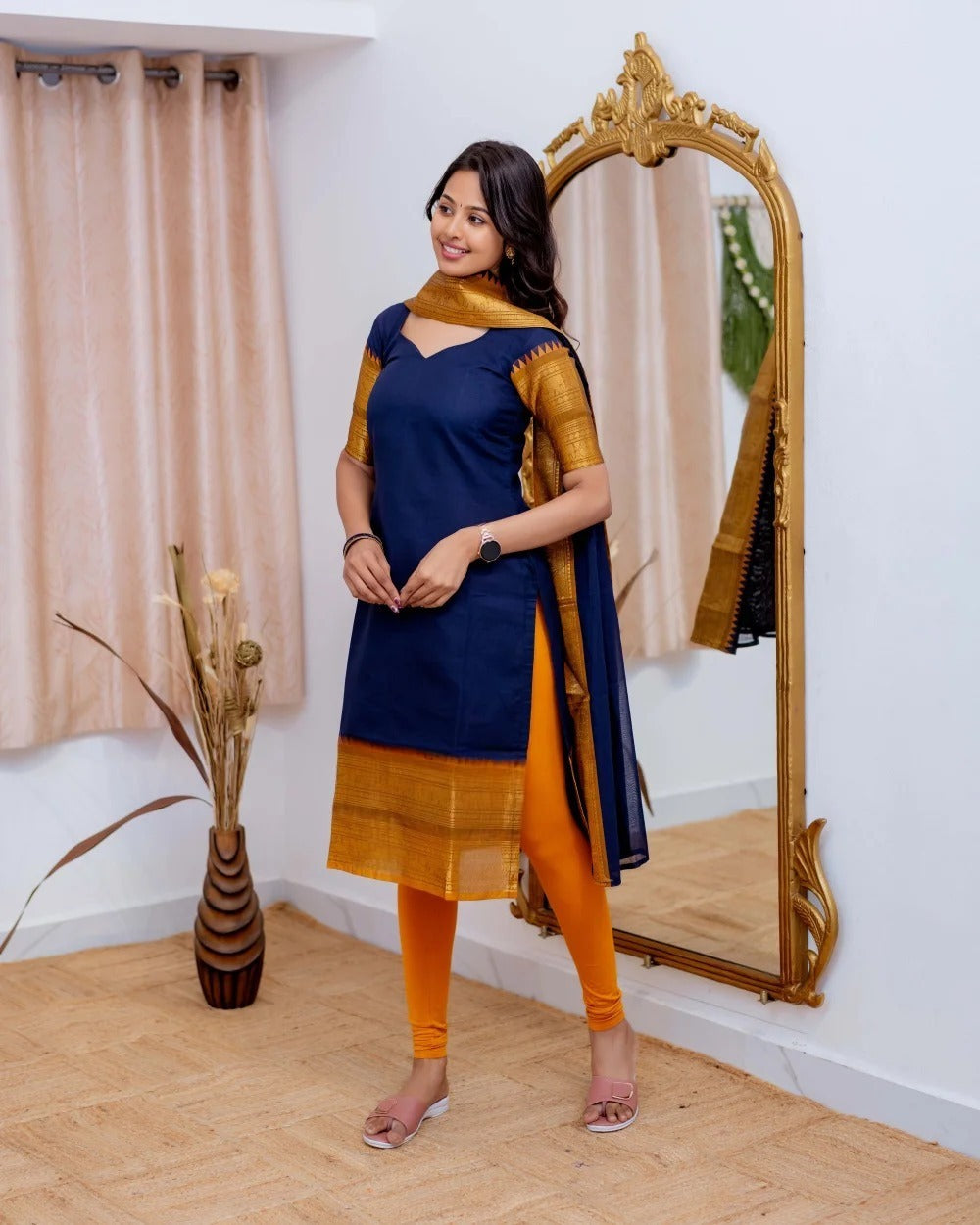 Mezos Navy Blue Cotton Silk Kurta with Golden Zari Dupatta – Elegant 2-Piece Set by Amali