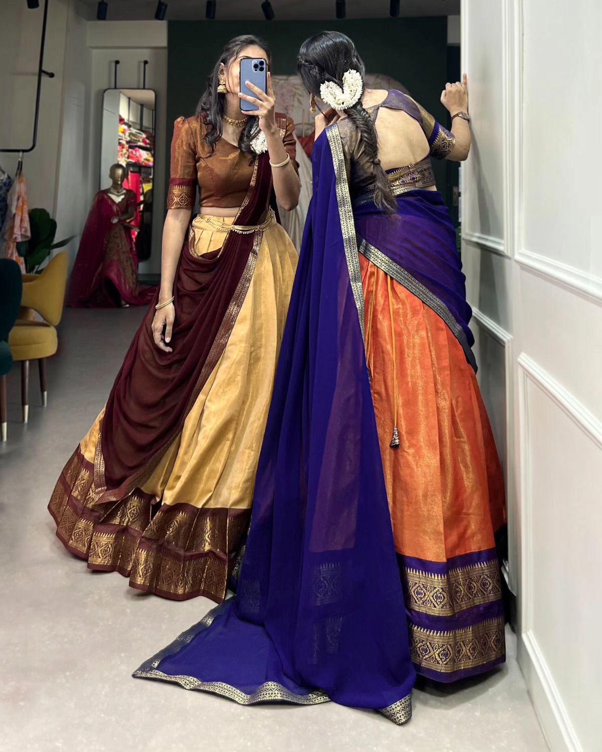 Mezos Royal Blue & Burnt Orange Banarasi Silk Half Saree Set | Amali Royal Heritage Collection