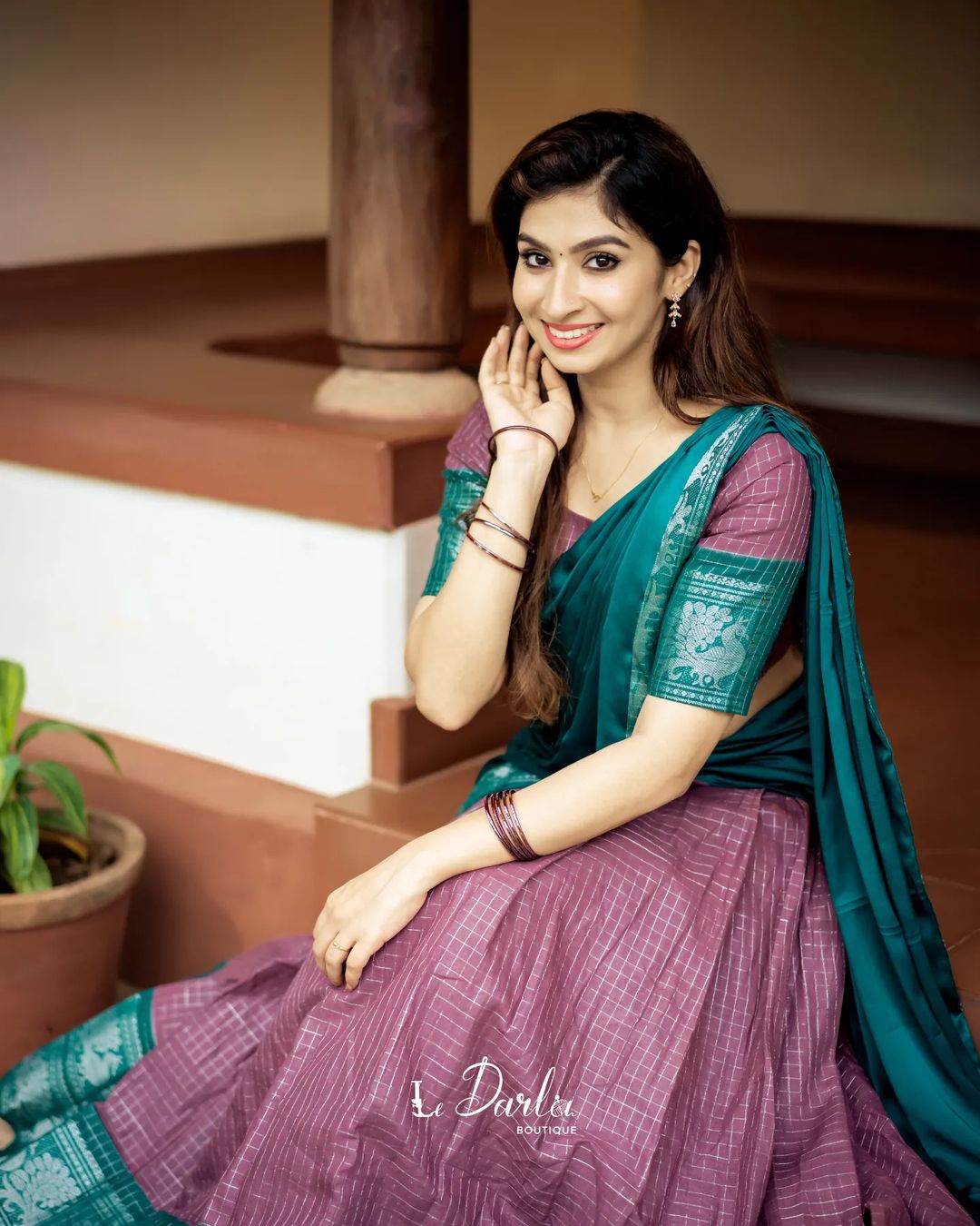 Mezos Teal Green & Mauve Checked Cotton Silk Half Saree Set | Amali Royal Heritage Collection