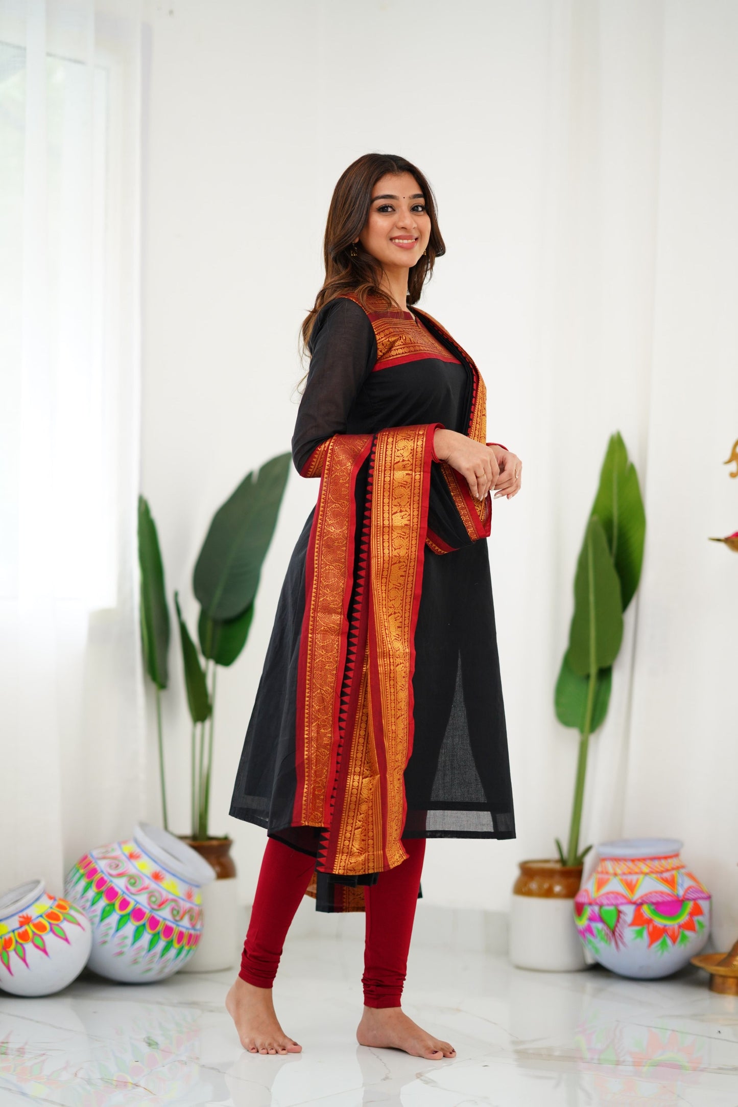 Mezos Black & Maroon Cotton Silk Suit Set with Golden Zari Border – Premium Ethnic Wear by Amali