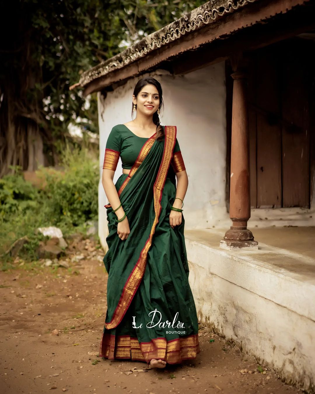 Mezos Bottle Green Banarasi Kanjivaram Silk Zari Half Saree Set | Amali Royal Heritage Collection