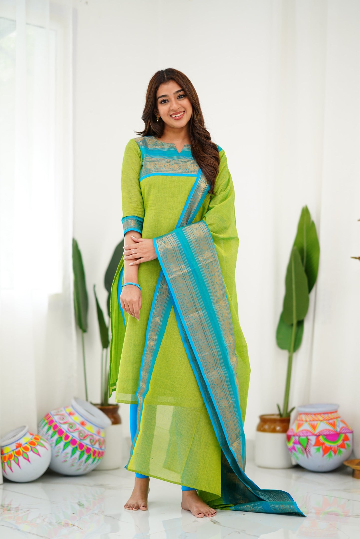 Mezos Lime Green & Sky Blue Cotton Silk Suit Set with Golden Zari Border – Premium Ethnic Wear by Amali