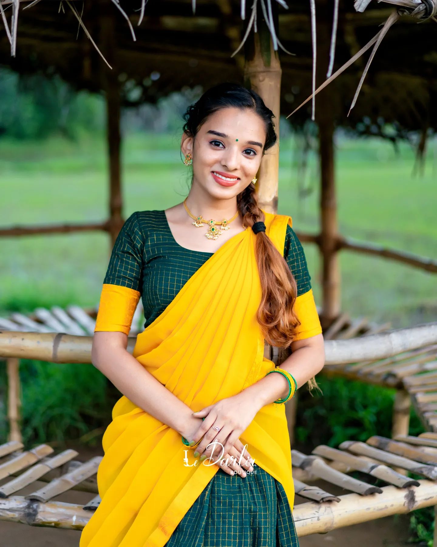 Mezos Yellow & Bottle Green Checked Cotton Silk Half Saree Set | Amali Royal Heritage Collection