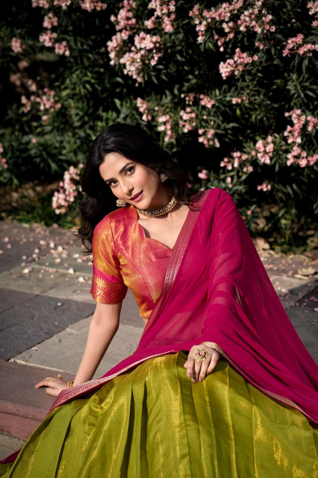 Mezos Olive Green & Rani Pink Banarasi Silk Half Saree Set | Amali Royal Heritage Collection