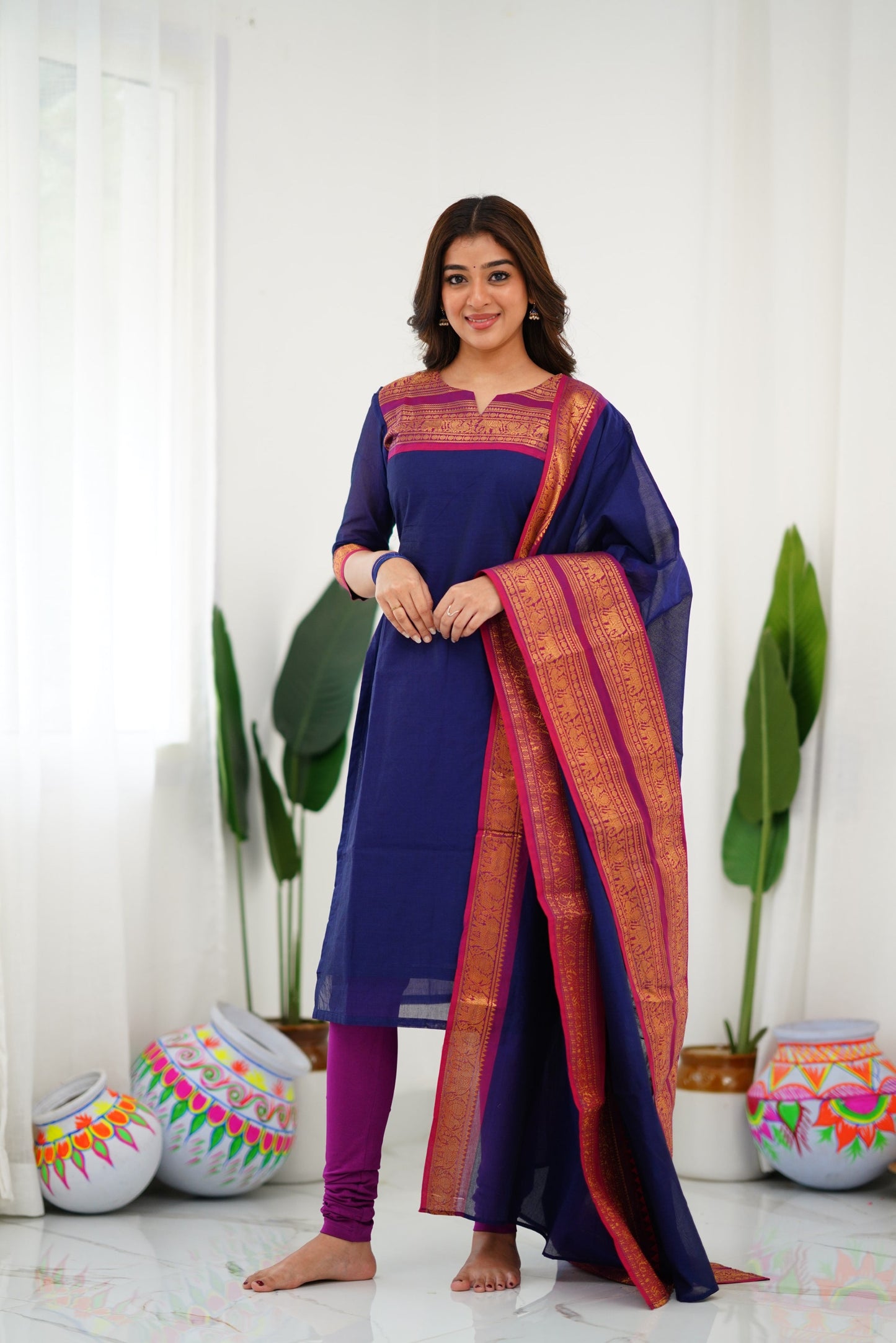 Mezos Navy Blue & Magenta Cotton Silk Suit Set with Golden Zari Border – Premium Ethnic Wear by Amali