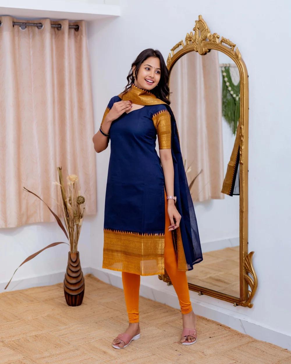 Mezos Navy Blue Cotton Silk Kurta with Golden Zari Dupatta – Elegant 2-Piece Set by Amali
