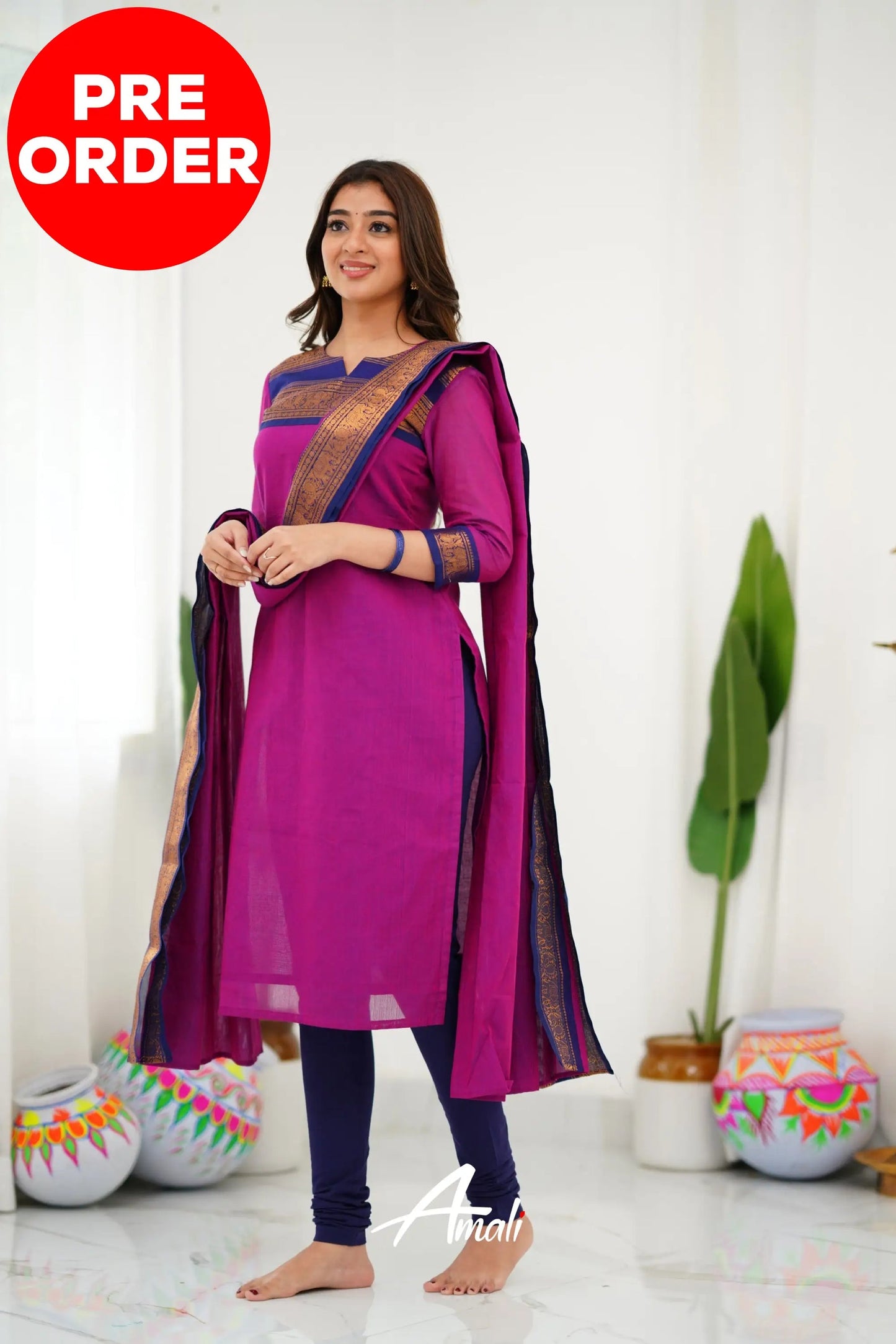 Mezos Magenta & Navy Cotton Silk Suit Set with Golden Zari Border – Premium Ethnic Wear by Amali
