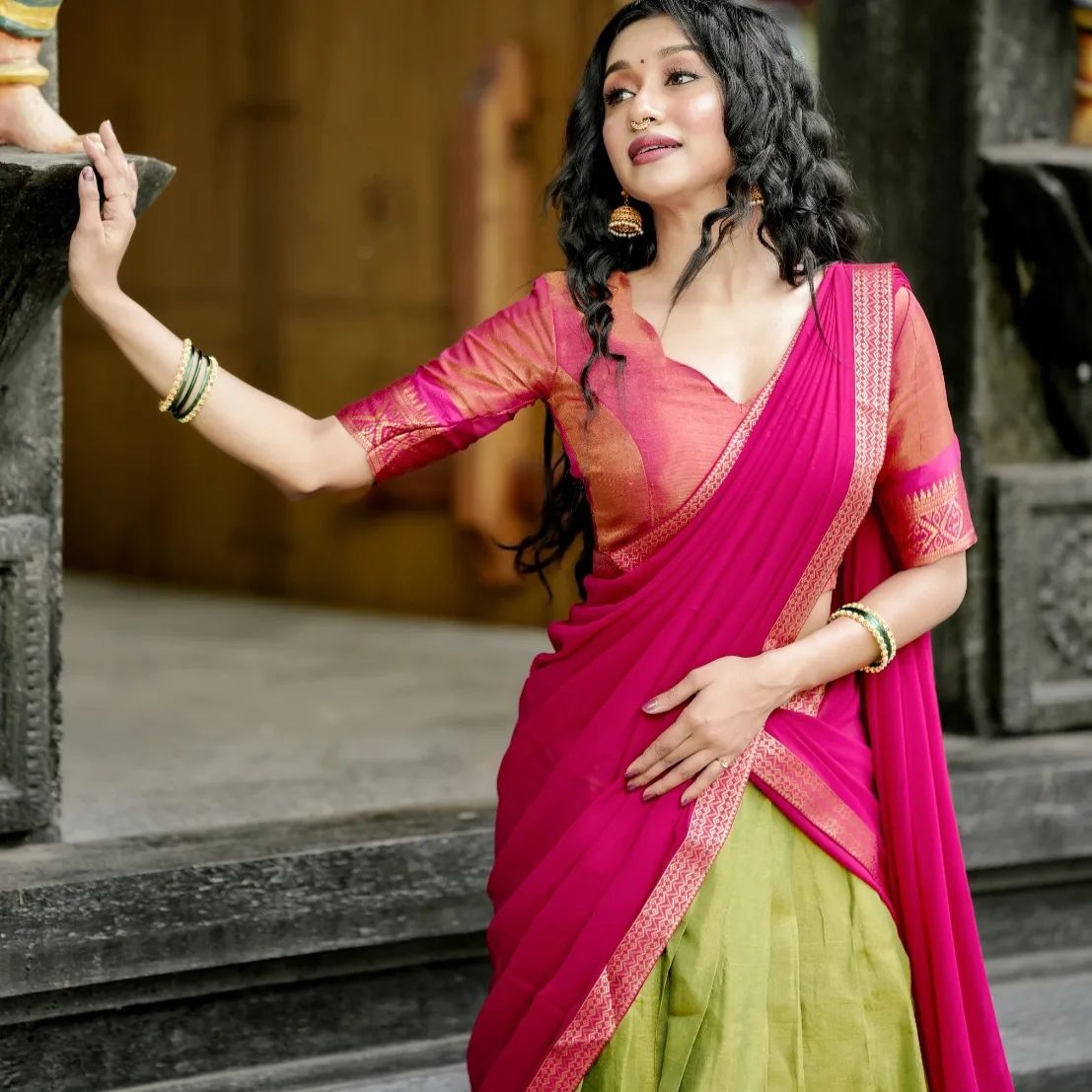 Mezos Olive Green & Rani Pink Banarasi Silk Half Saree Set | Amali Royal Heritage Collection