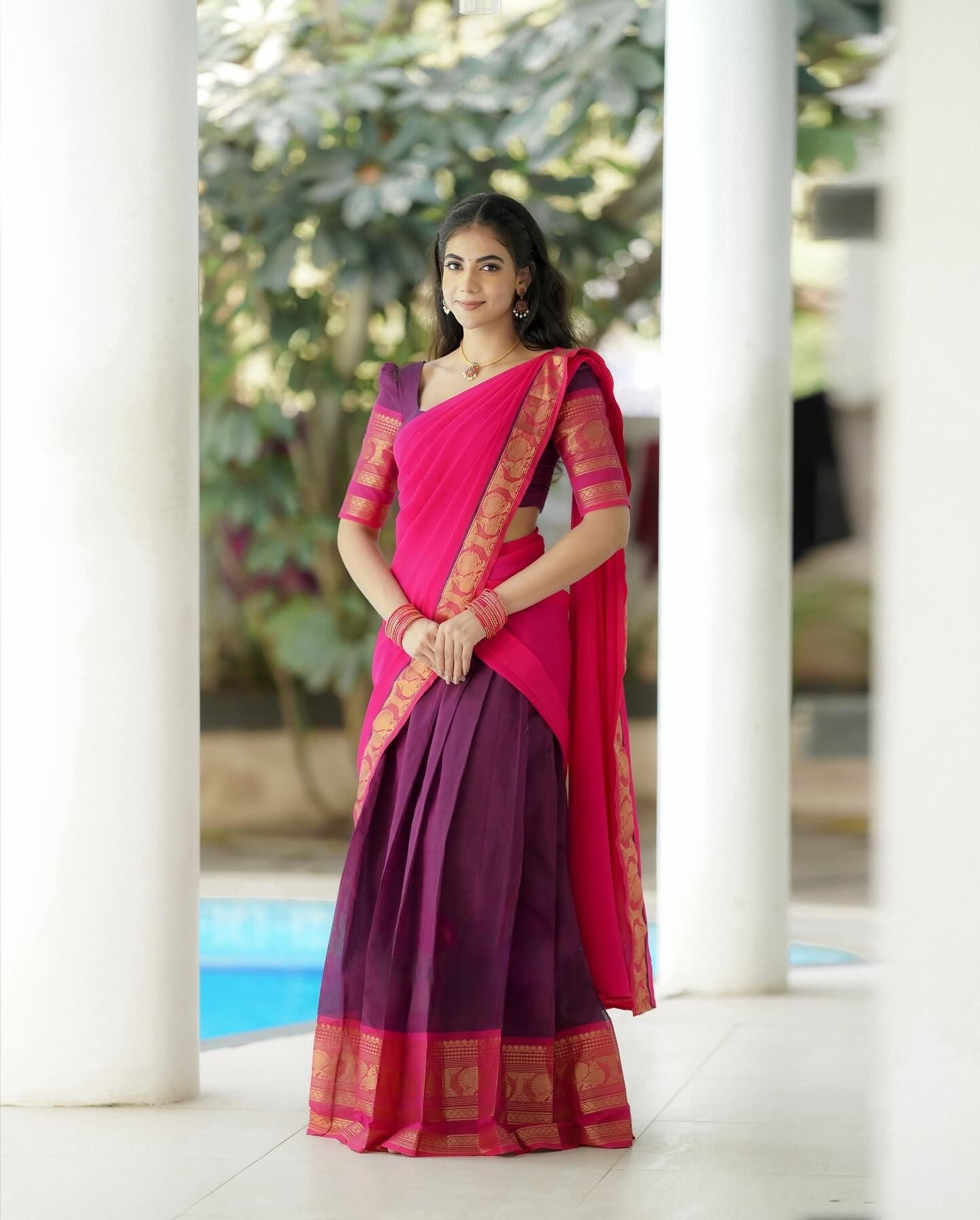Mezos Rani Pink & Plum Banarasi Silk Half Saree Set | Amali Royal Heritage Collection