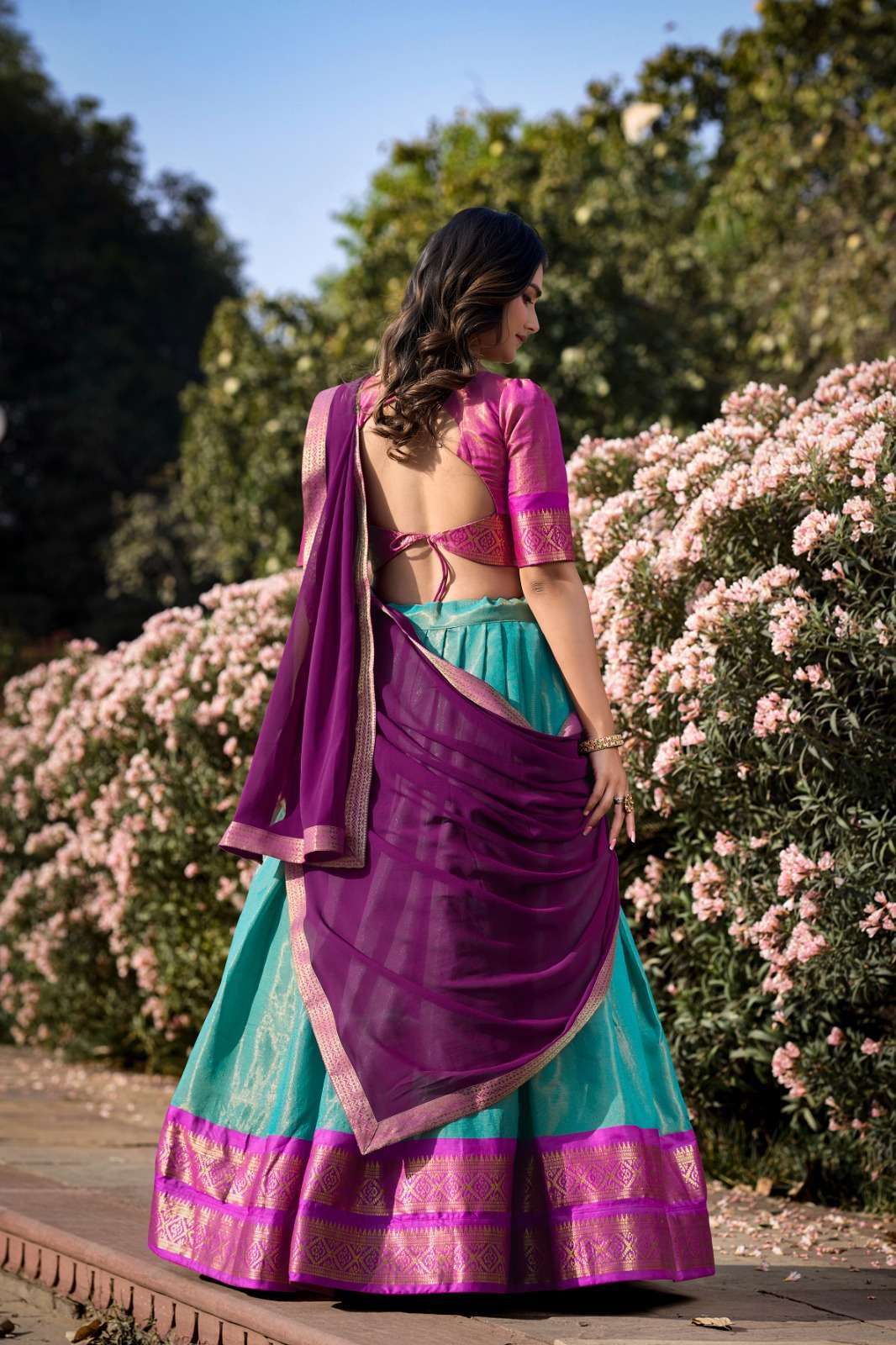 Mezos Aqua Blue & Magenta Banarasi Silk Half Saree Set | Amali Royal Heritage Collection