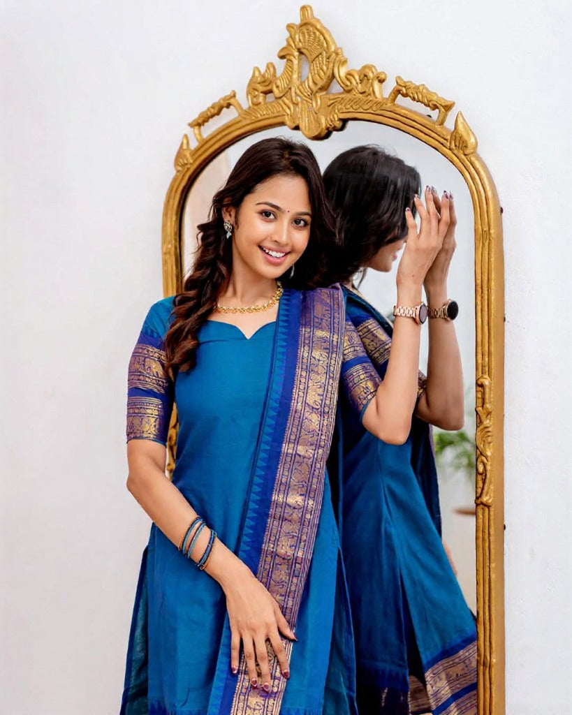 Mezos Royal Blue Cotton Silk Kurta with Golden Zari Dupatta – Elegant 2-Piece Set by Amali