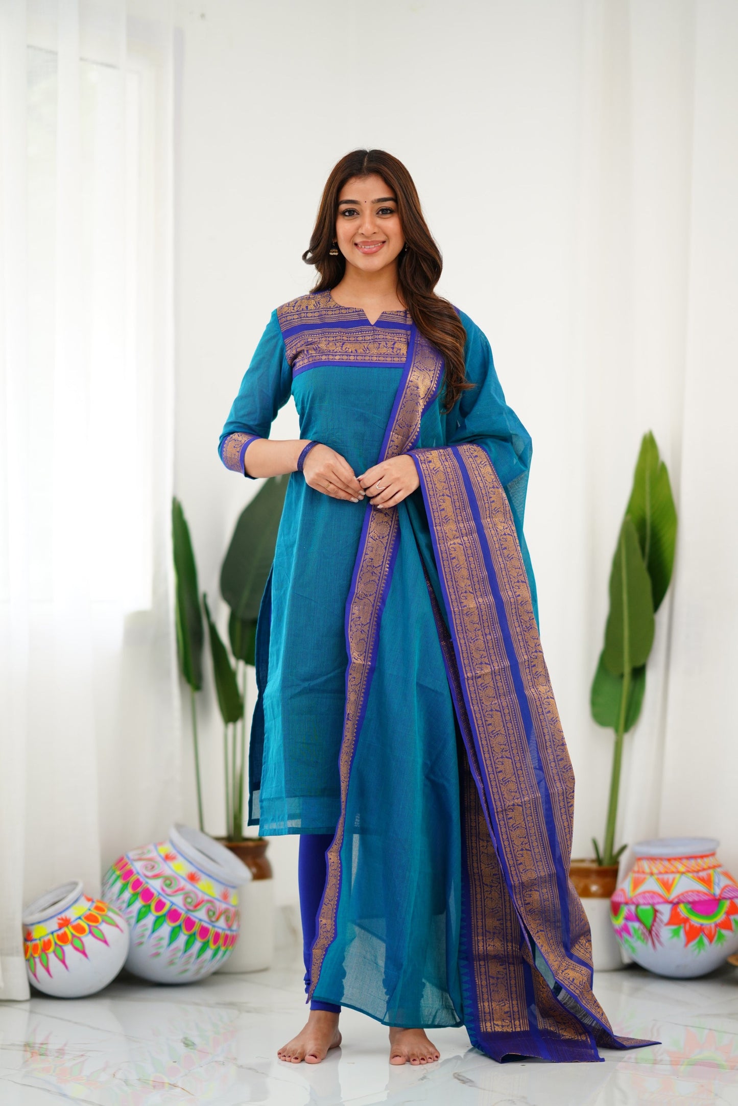 Mezos Royal Blue Cotton Silk Suit Set with Golden Zari Border – Premium Ethnic Wear by Amali