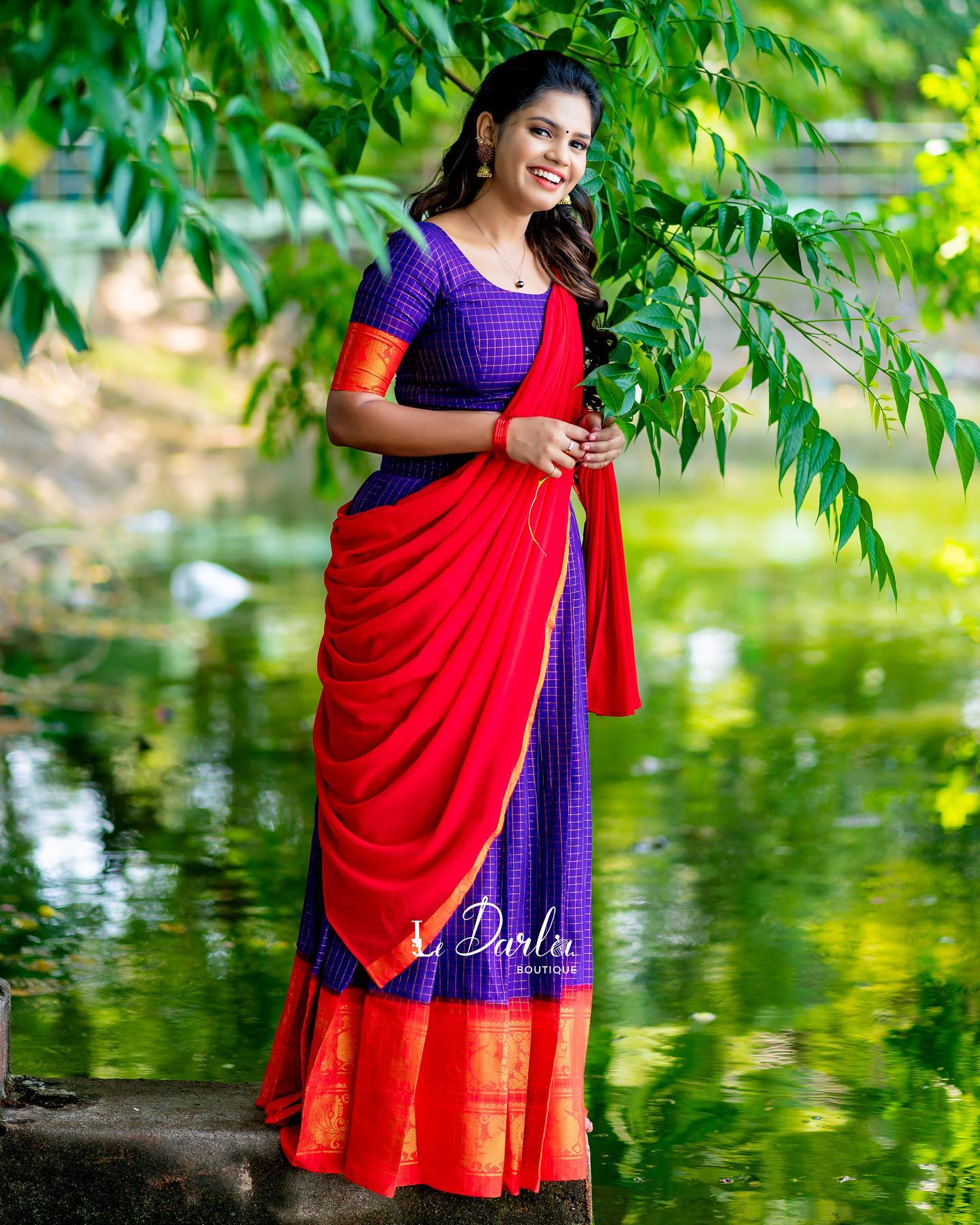 Mezos Royal Blue Checked & Red Banarasi Silk Zari Half Saree Set | Amali Royal Heritage Collection