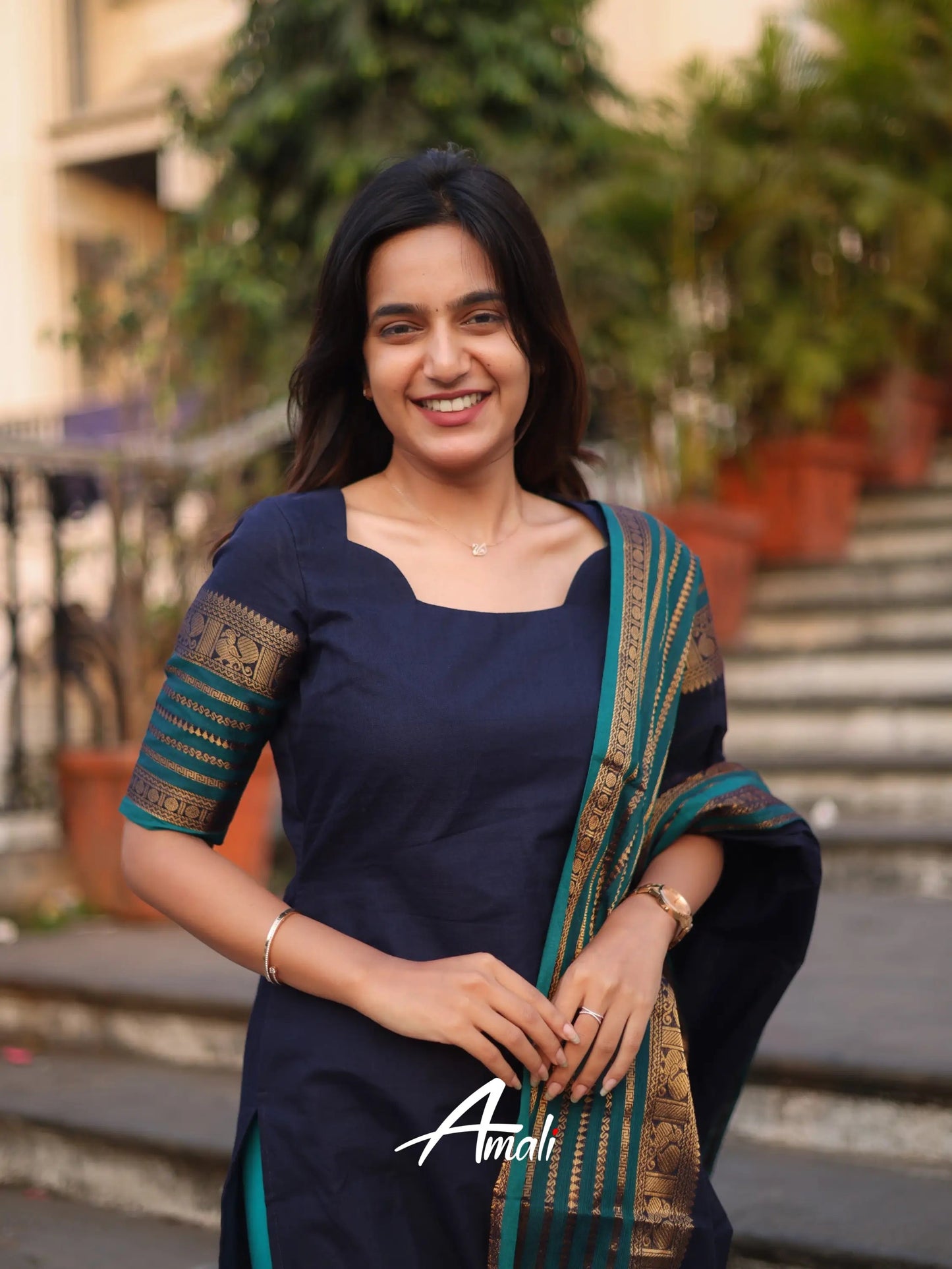 Mezos Navy Blue & Teal Cotton Silk Kurta with Golden Zari Dupatta – Elegant 2-Piece Set by Amali