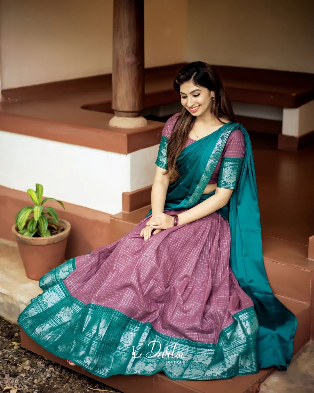 Mezos Teal Green & Mauve Checked Cotton Silk Half Saree Set | Amali Royal Heritage Collection