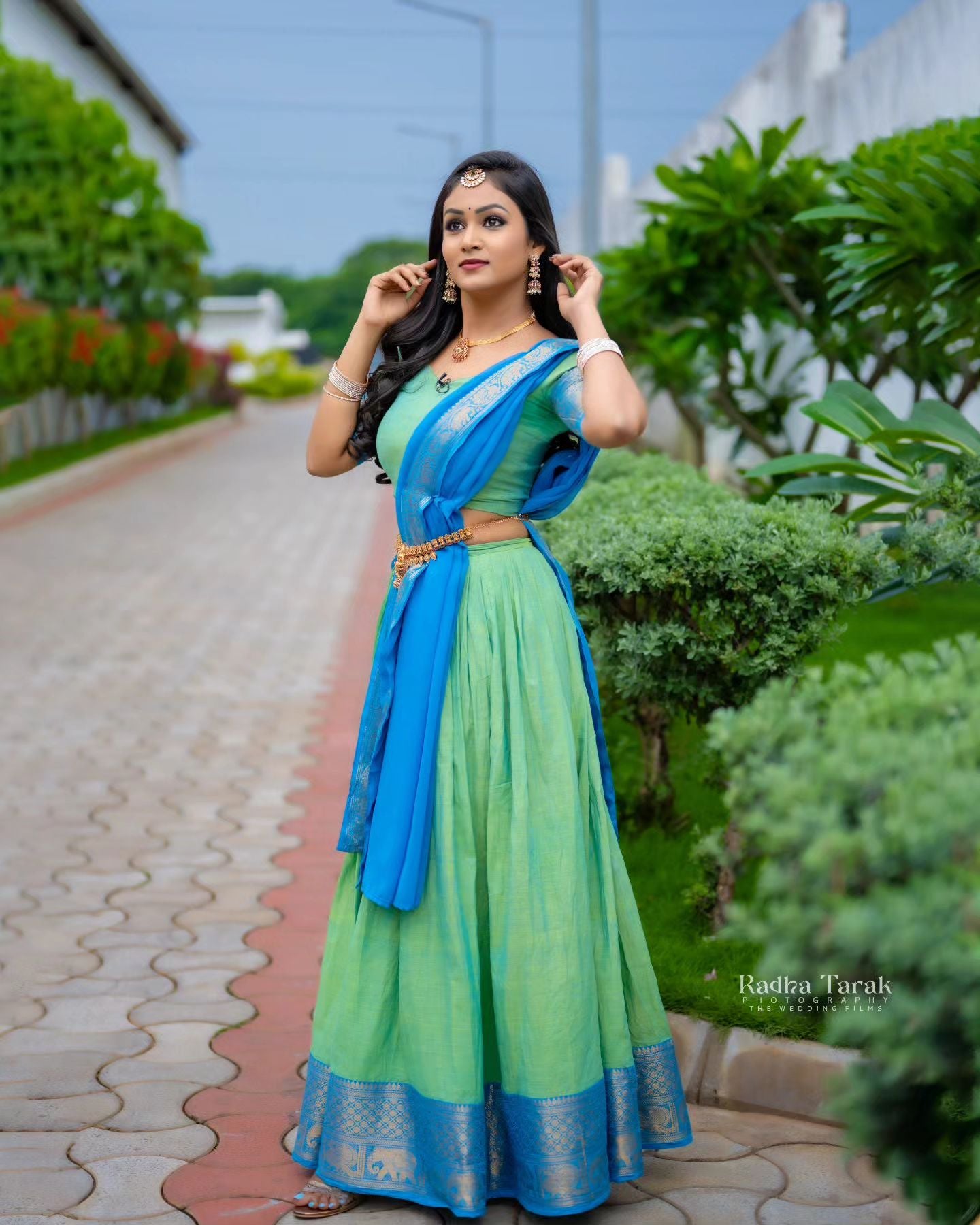 Mezos Aqua Blue & Parrot Green Banarasi Silk Half Saree Set | Amali Royal Heritage Collection