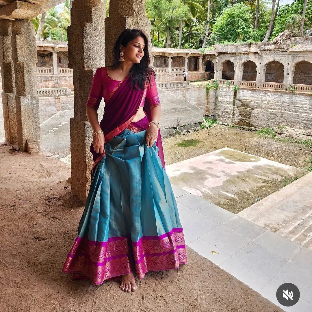Mezos Aqua Blue & Magenta Banarasi Silk Half Saree Set | Amali Royal Heritage Collection