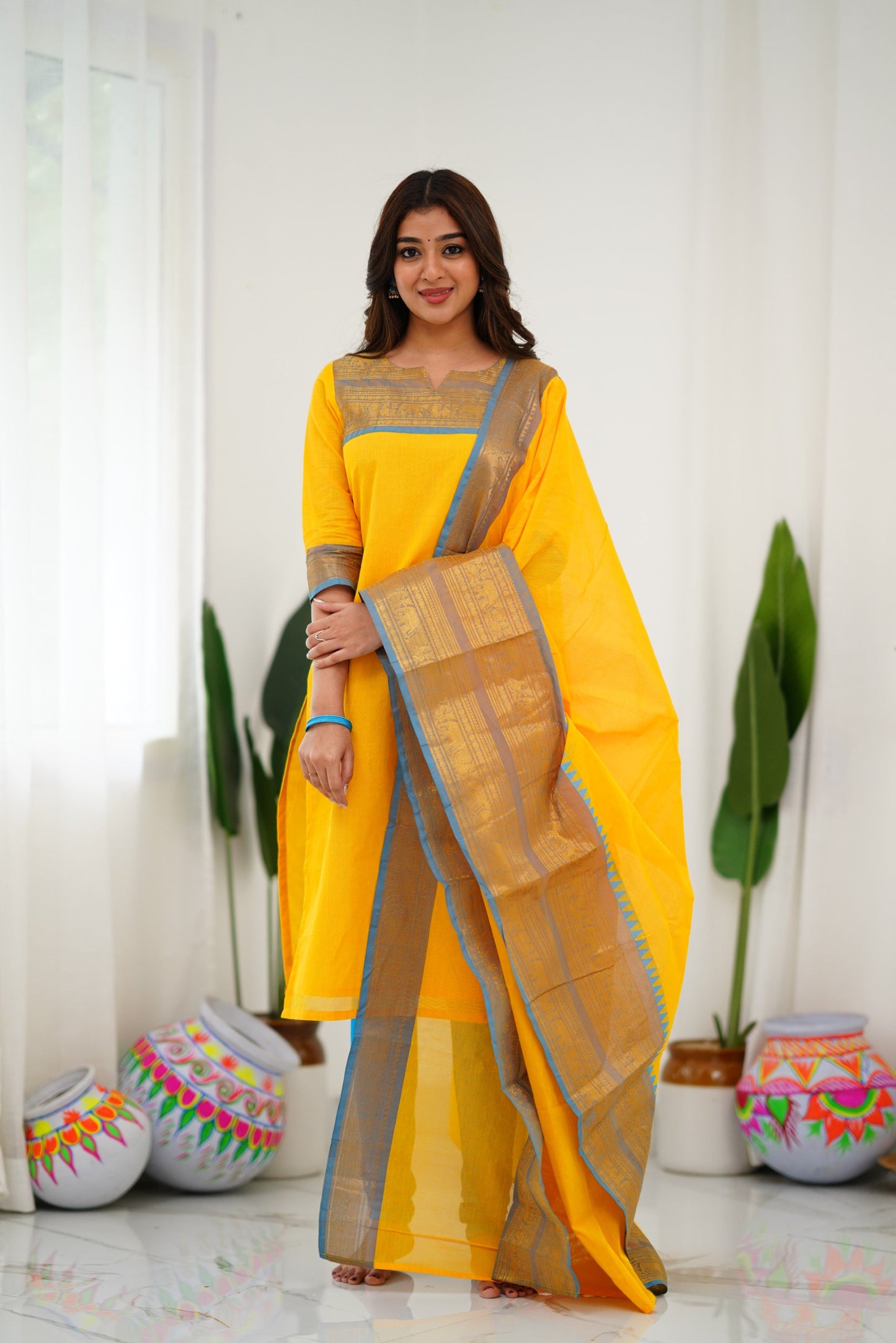 Mezos Yellow & Sky Blue Cotton Silk Suit Set with Golden Zari Border – Premium Ethnic Wear by Amali