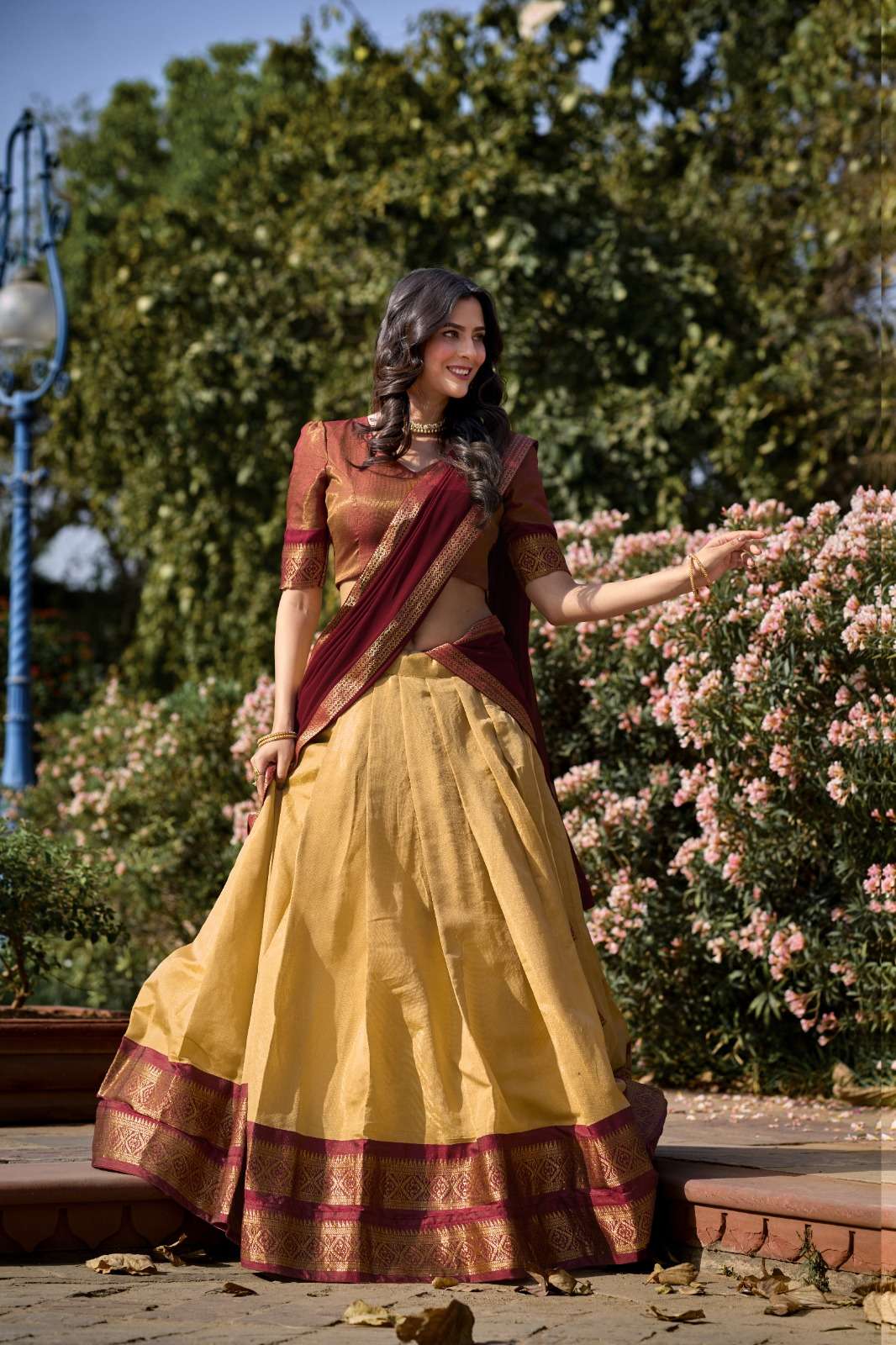 Gold & Maroon Banarasi Silk Zari Half Saree Set | Amali Royal Heritage Collection