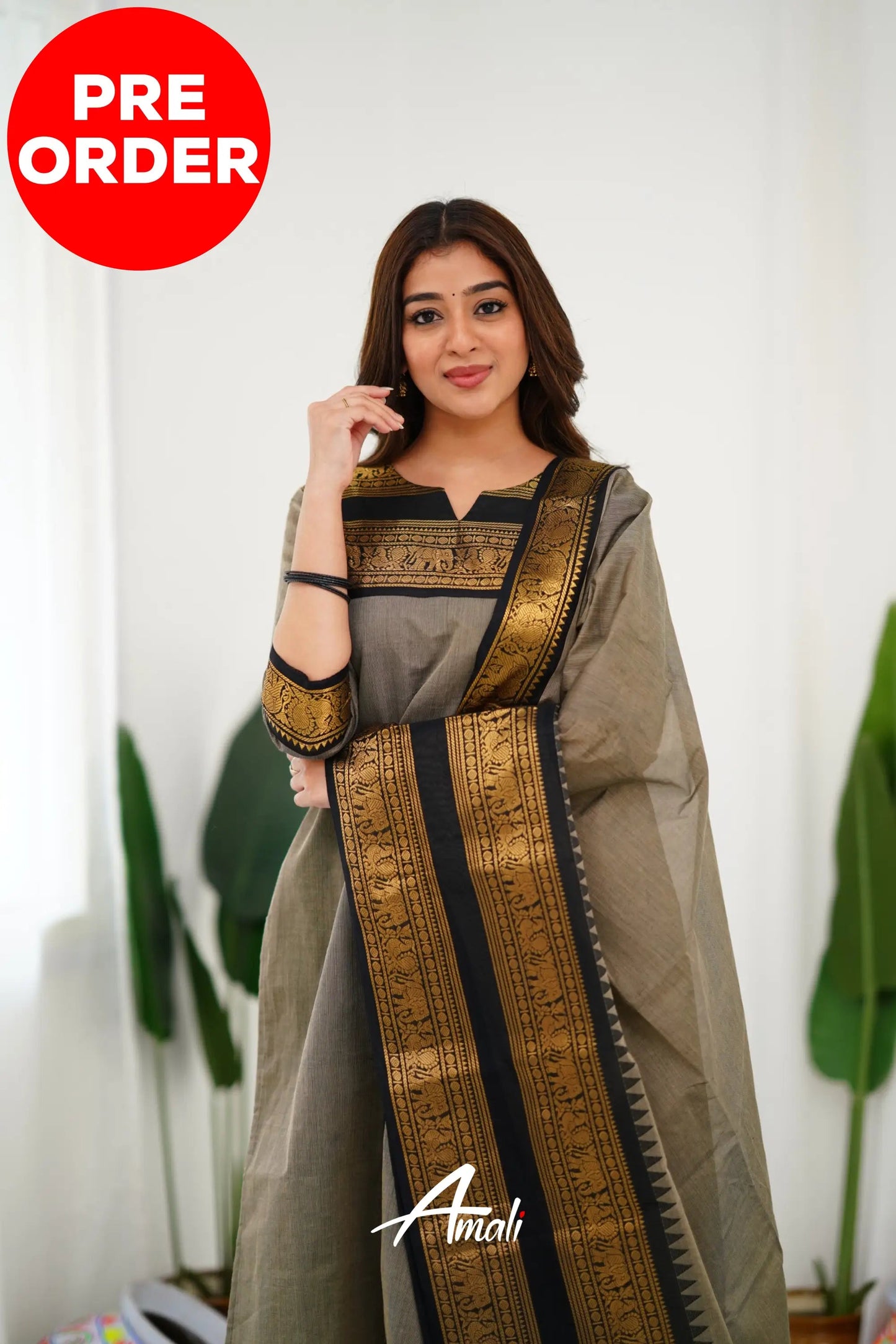 Mezos Cream tone and Black shade Cotton Kurta With Duppatta for Women