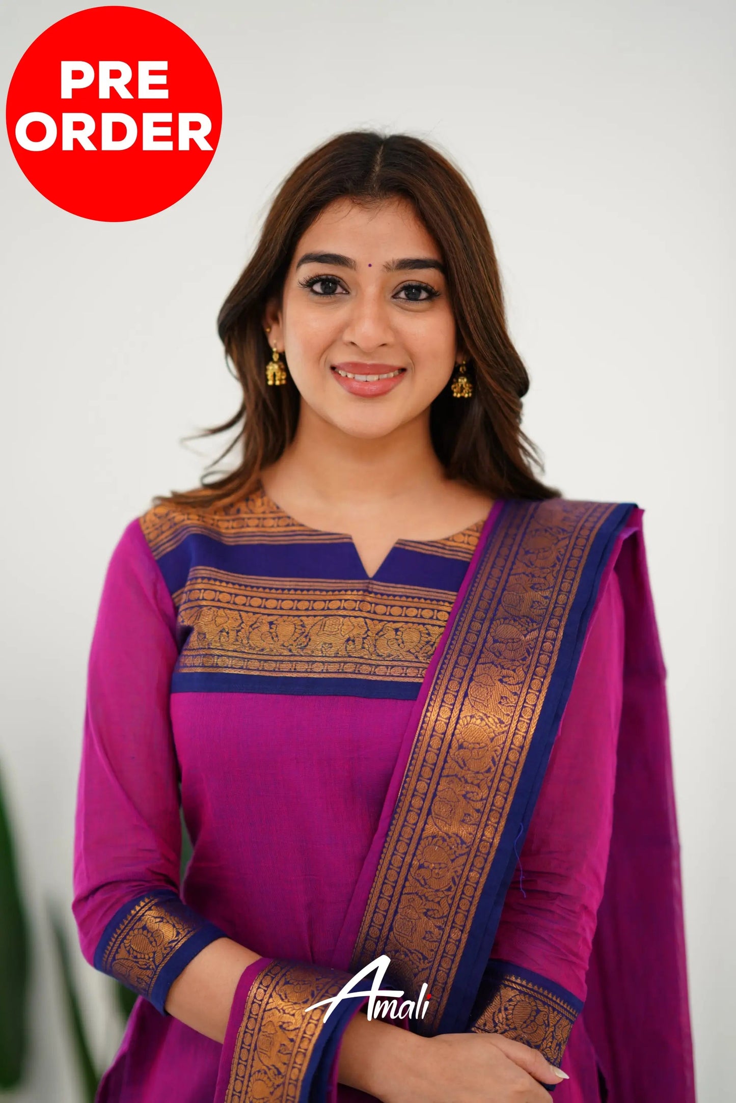 Mezos Magenta & Navy Cotton Silk Suit Set with Golden Zari Border – Premium Ethnic Wear by Amali