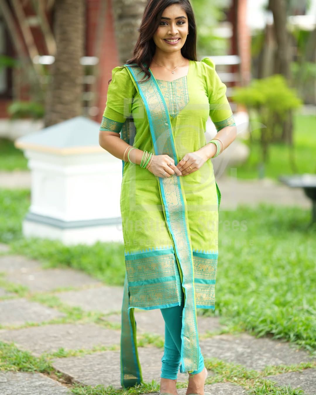 Lime Green & Teal Blue Zari Border Cotton Silk Kurta with Dupatta – Elegant Festive Wear by Amali