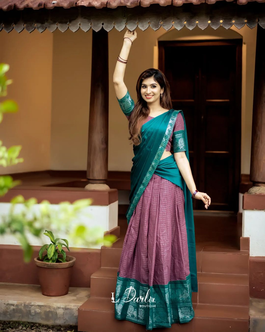 Mezos Teal Green & Mauve Checked Cotton Silk Half Saree Set | Amali Royal Heritage Collection