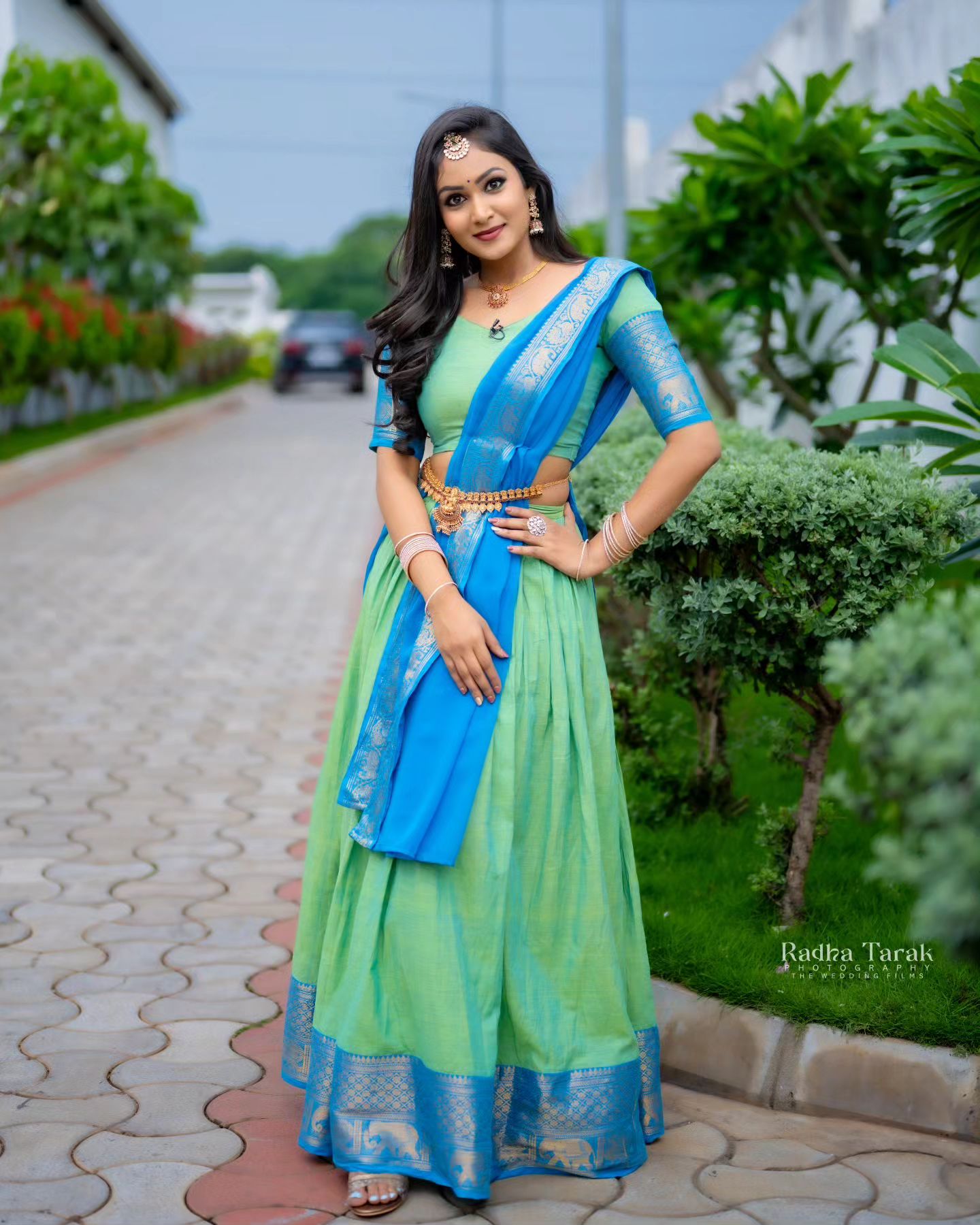 Mezos Aqua Blue & Parrot Green Banarasi Silk Half Saree Set | Amali Royal Heritage Collection