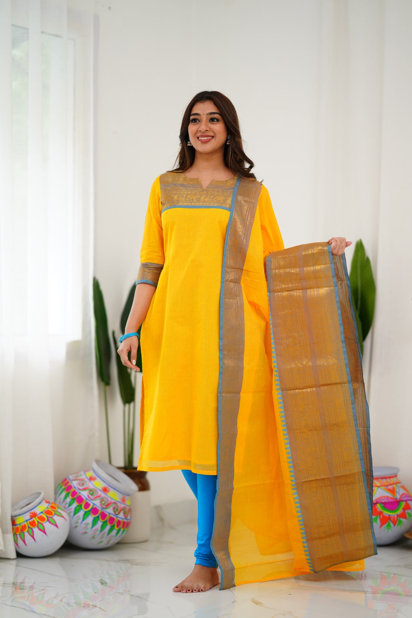 Mezos Yellow & Sky Blue Cotton Silk Suit Set with Golden Zari Border – Premium Ethnic Wear by Amali