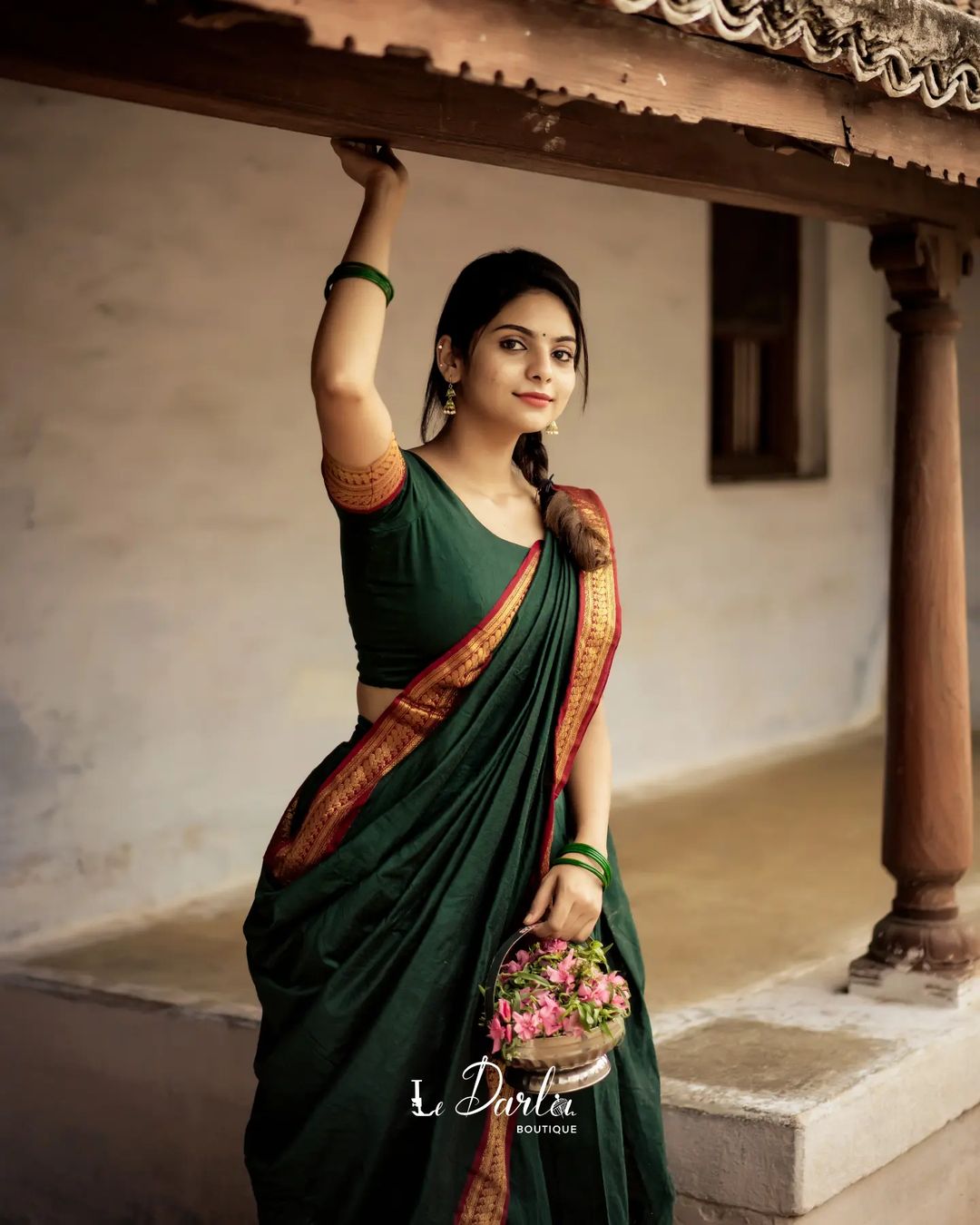 Mezos Bottle Green Banarasi Kanjivaram Silk Zari Half Saree Set | Amali Royal Heritage Collection