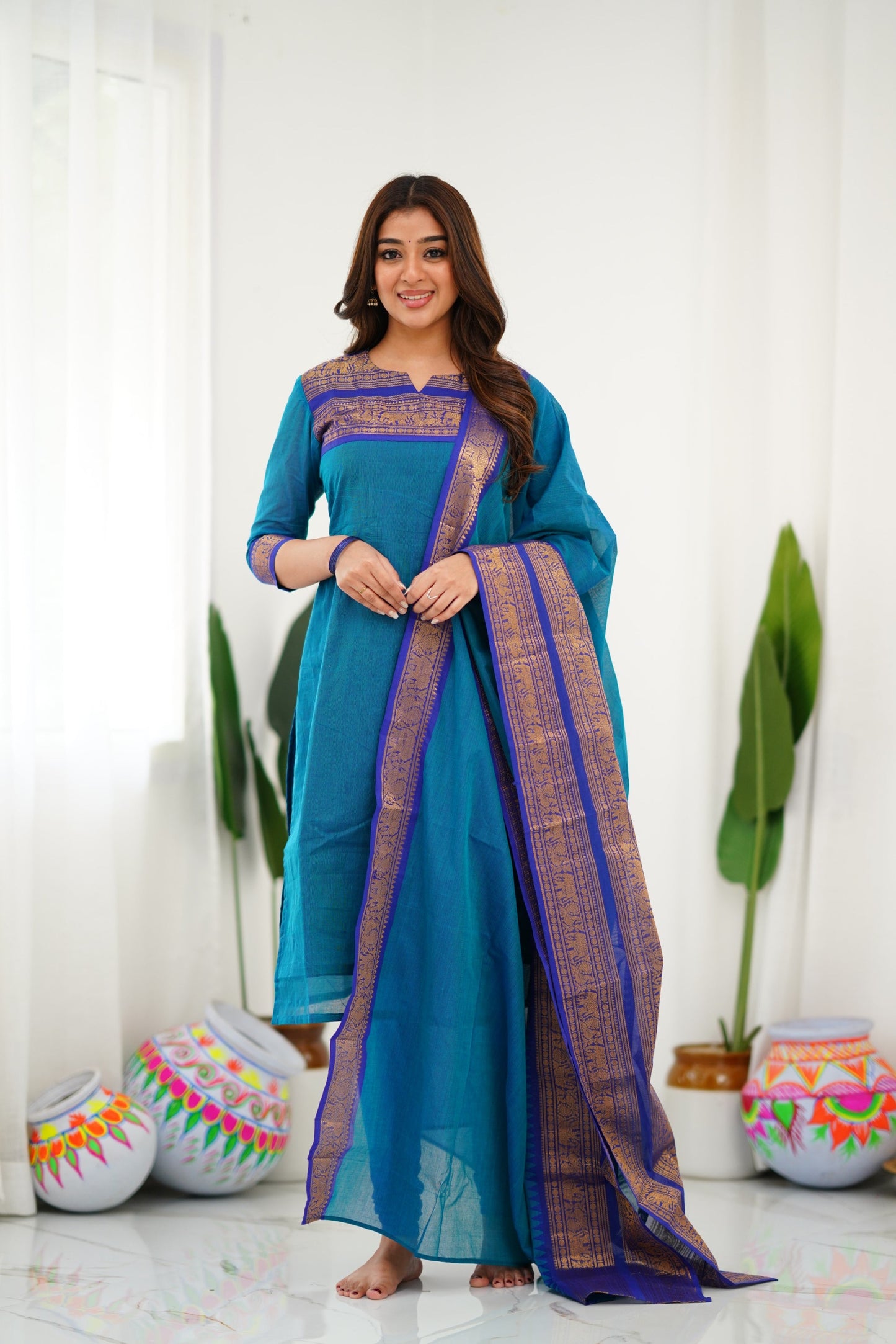 Mezos Royal Blue Cotton Silk Suit Set with Golden Zari Border – Premium Ethnic Wear by Amali