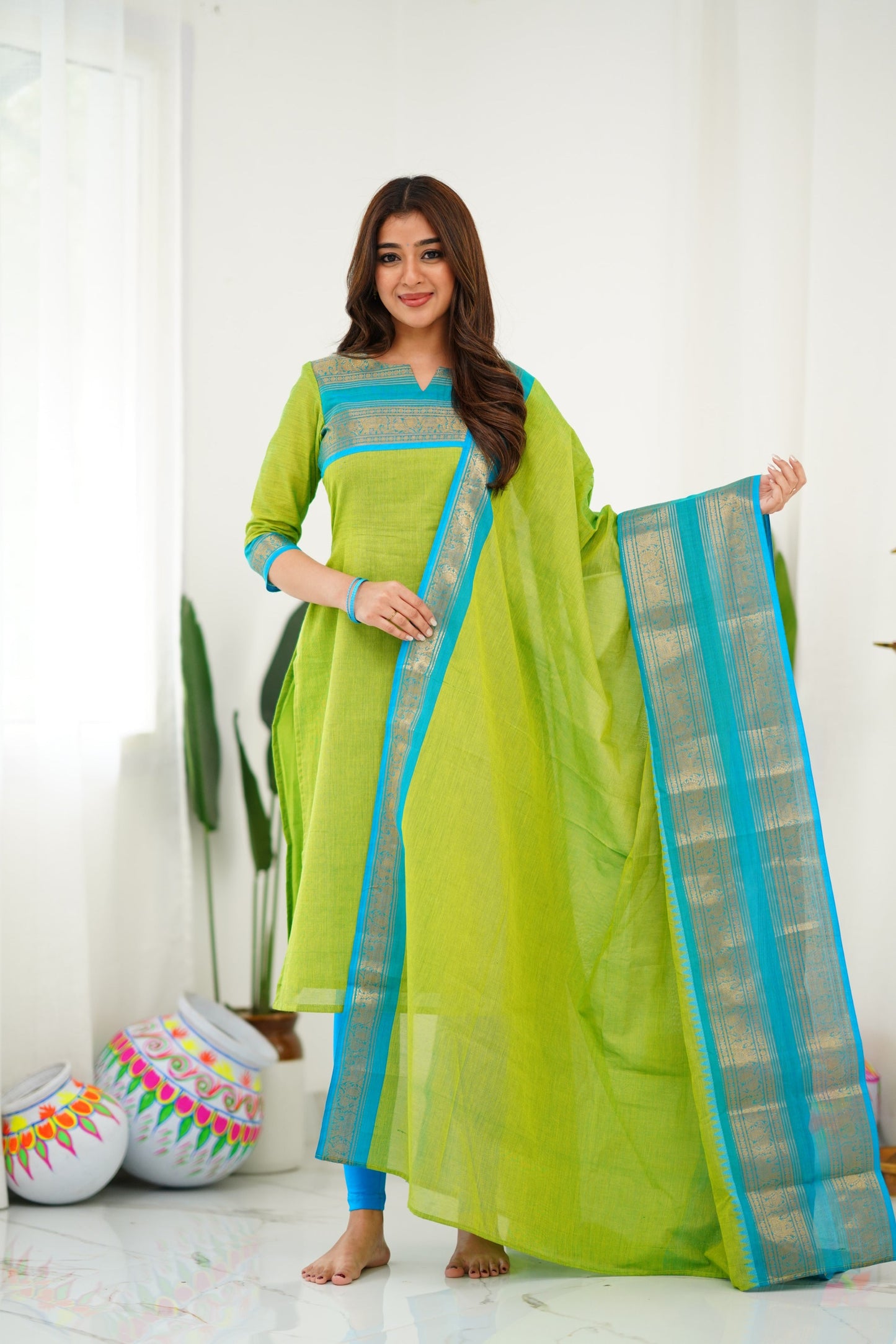 Mezos Lime Green & Sky Blue Cotton Silk Suit Set with Golden Zari Border – Premium Ethnic Wear by Amali