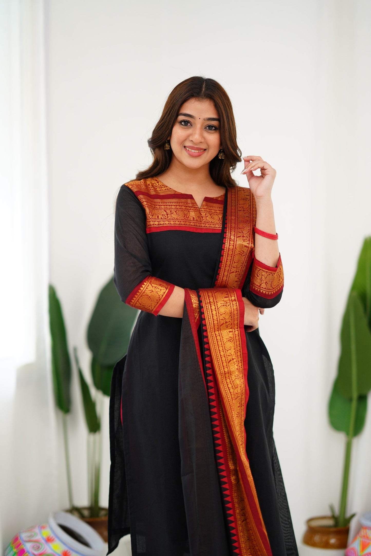 Mezos Black & Maroon Cotton Silk Suit Set with Golden Zari Border – Premium Ethnic Wear by Amali