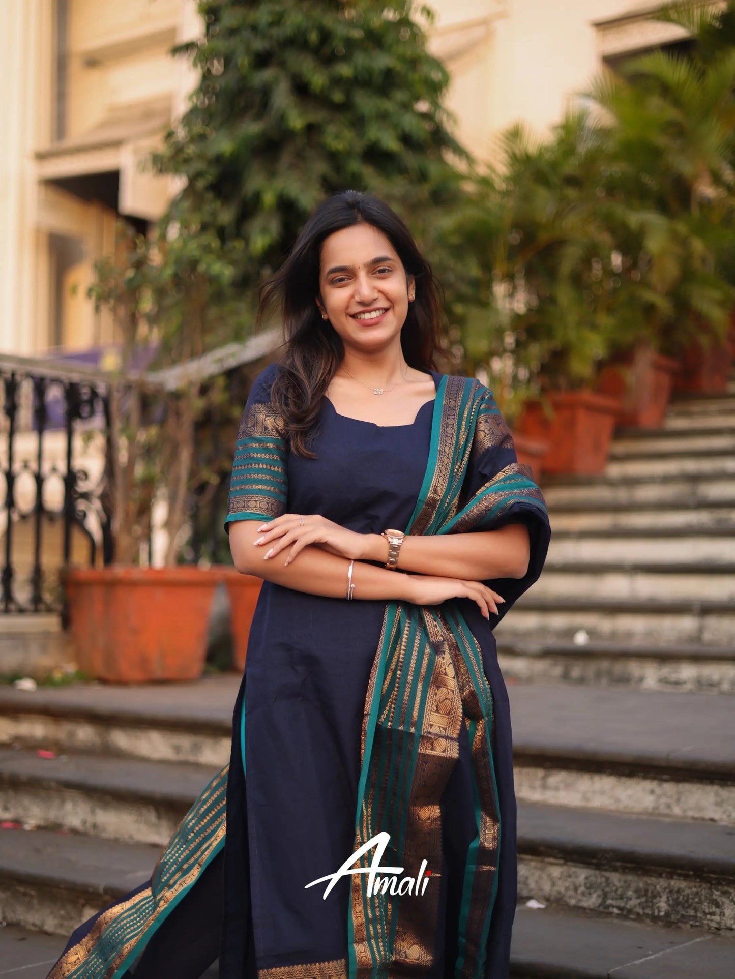 Mezos Navy Blue & Teal Cotton Silk Kurta with Golden Zari Dupatta – Elegant 2-Piece Set by Amali