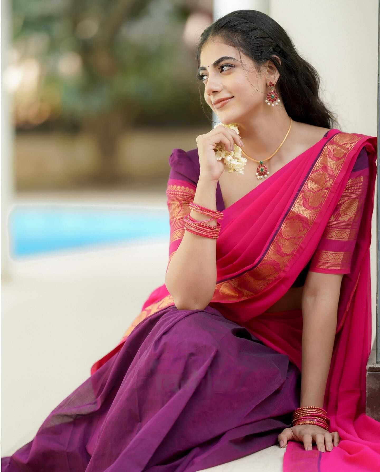 Mezos Rani Pink & Plum Banarasi Silk Half Saree Set | Amali Royal Heritage Collection