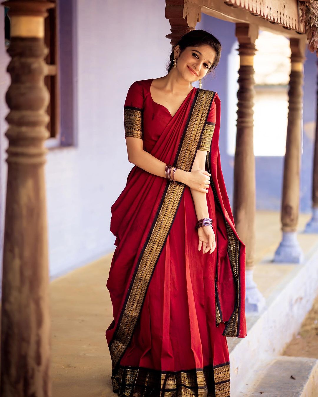Mezos Maroon Banarasi Kanjivaram Silk Zari Half Saree Set | Amali Royal Heritage Collection