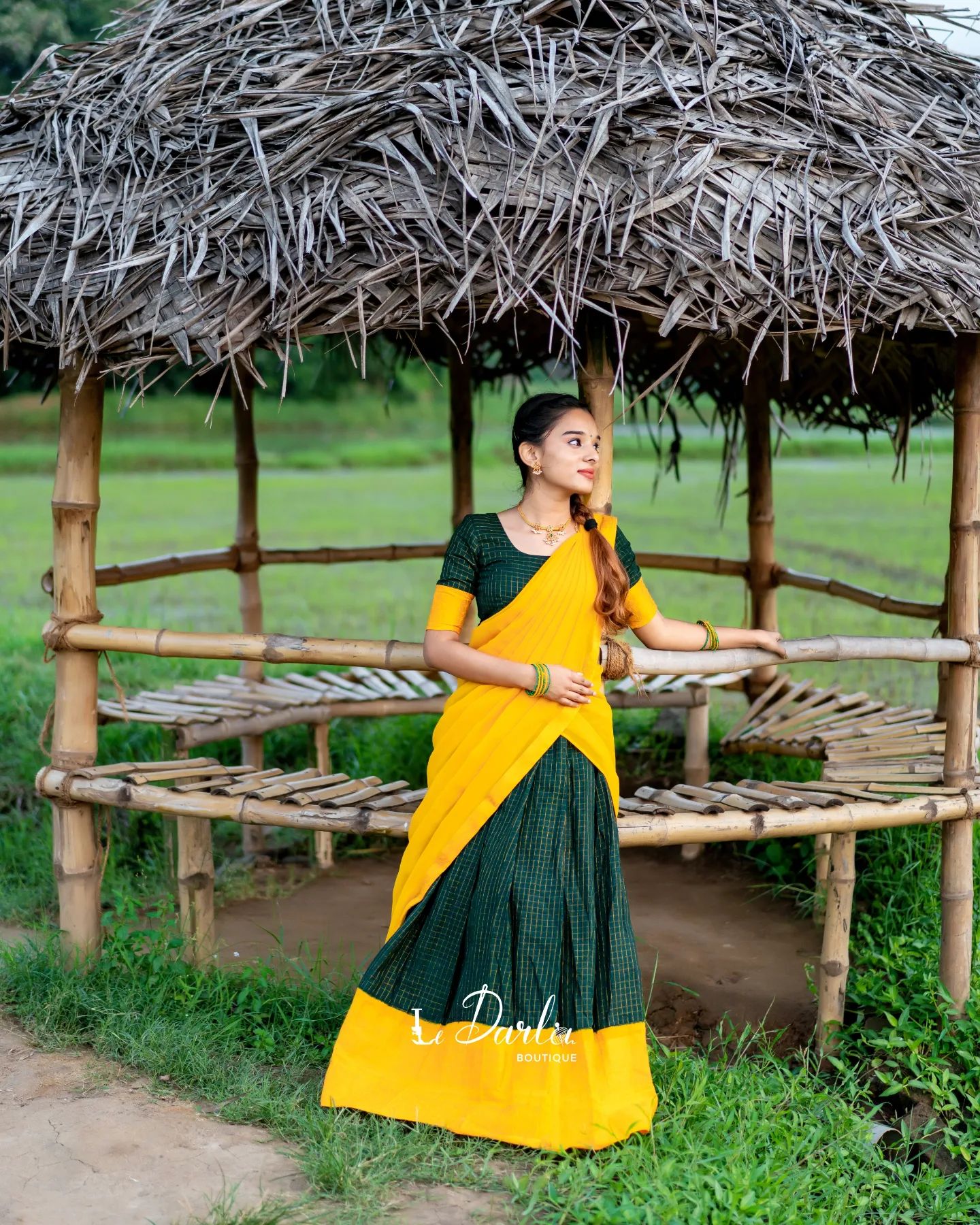 Mezos Yellow & Bottle Green Checked Cotton Silk Half Saree Set | Amali Royal Heritage Collection