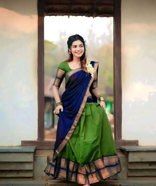 Mezos Royal Blue & Parrot Green Kanjivaram Banarasi Silk Half Saree Set | Zari Lehenga with Dupatta & Blouse – Amali Signature Collection