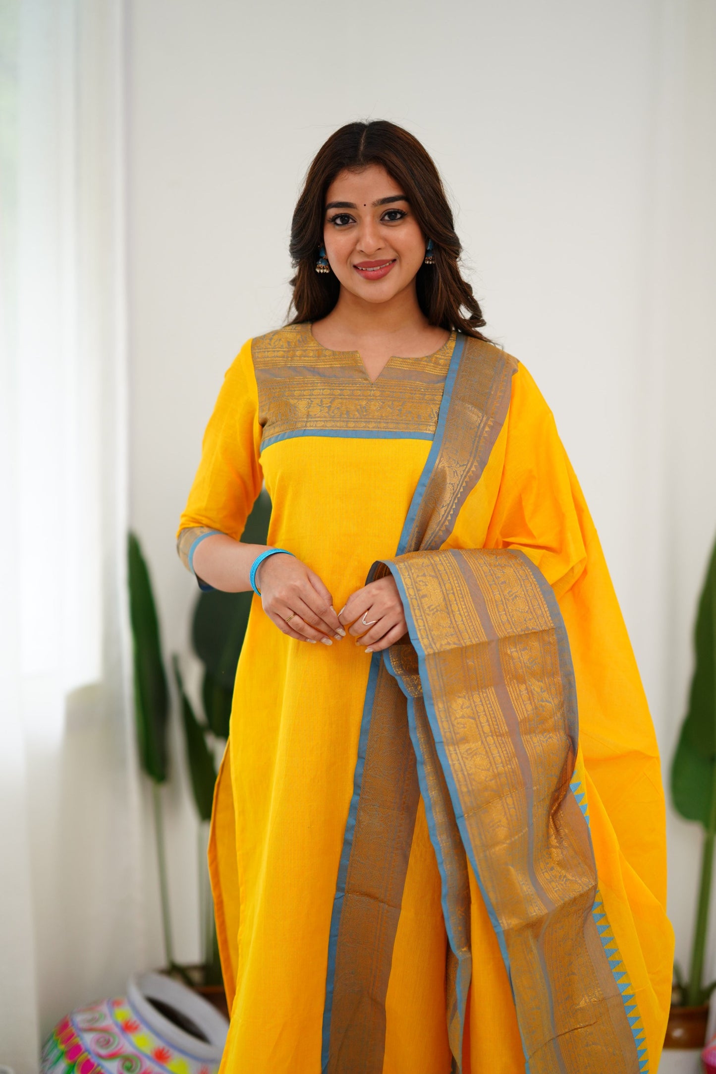 Mezos Yellow & Sky Blue Cotton Silk Suit Set with Golden Zari Border – Premium Ethnic Wear by Amali