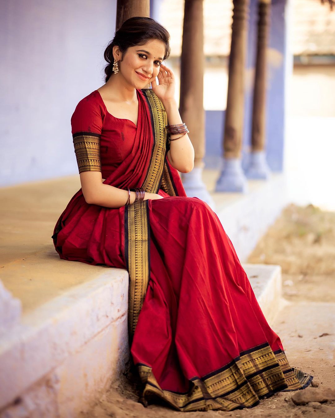 Mezos Maroon Banarasi Kanjivaram Silk Zari Half Saree Set | Amali Royal Heritage Collection