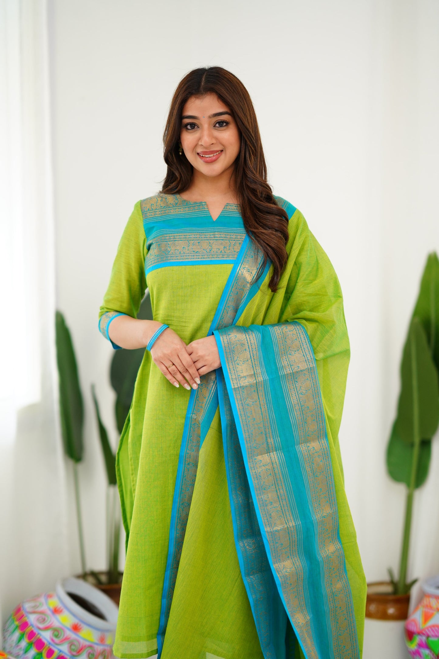 Mezos Lime Green & Sky Blue Cotton Silk Suit Set with Golden Zari Border – Premium Ethnic Wear by Amali