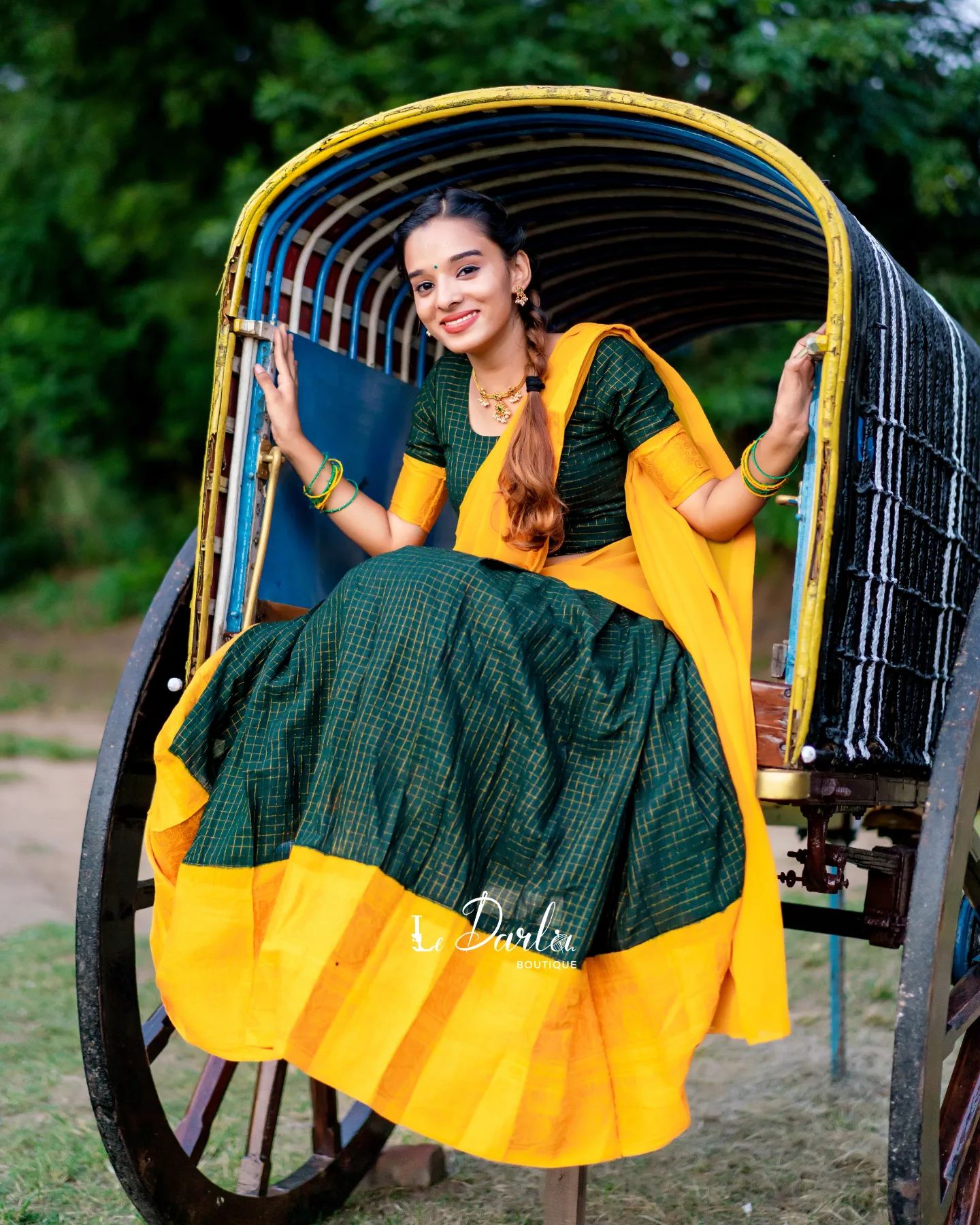 Mezos Yellow & Bottle Green Checked Cotton Silk Half Saree Set | Amali Royal Heritage Collection