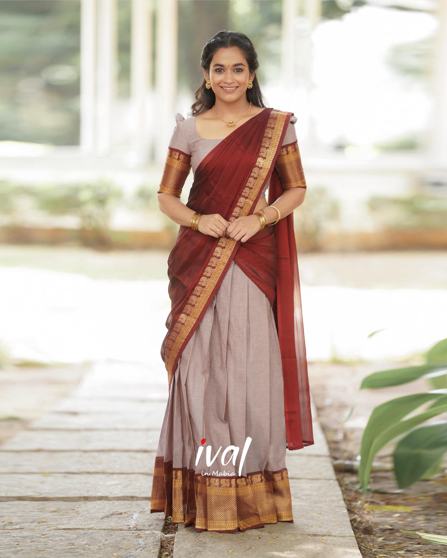 Mezos Maroon & Silver Grey Banarasi Silk Half Saree Set | Amali Royal Heritage Collection