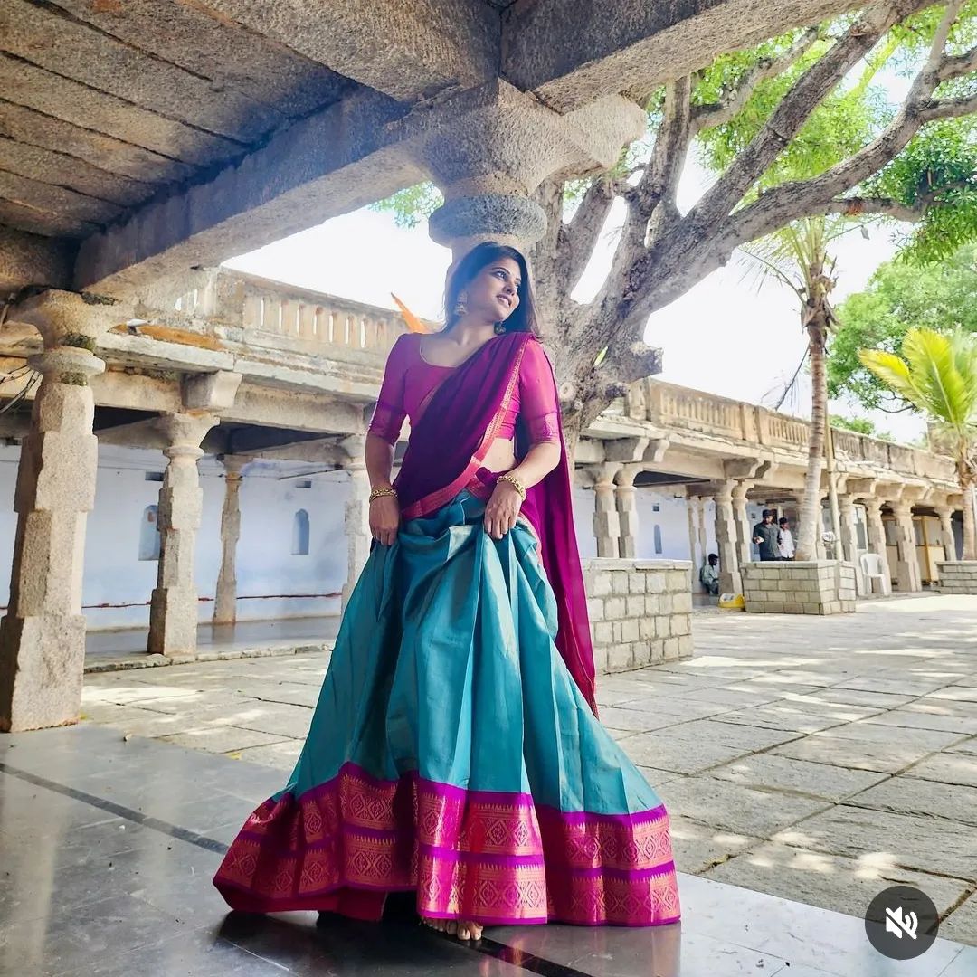 Mezos Aqua Blue & Magenta Banarasi Silk Half Saree Set | Amali Royal Heritage Collection