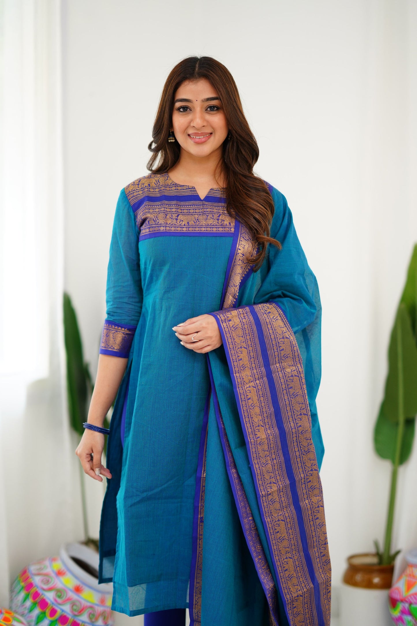 Mezos Royal Blue Cotton Silk Suit Set with Golden Zari Border – Premium Ethnic Wear by Amali