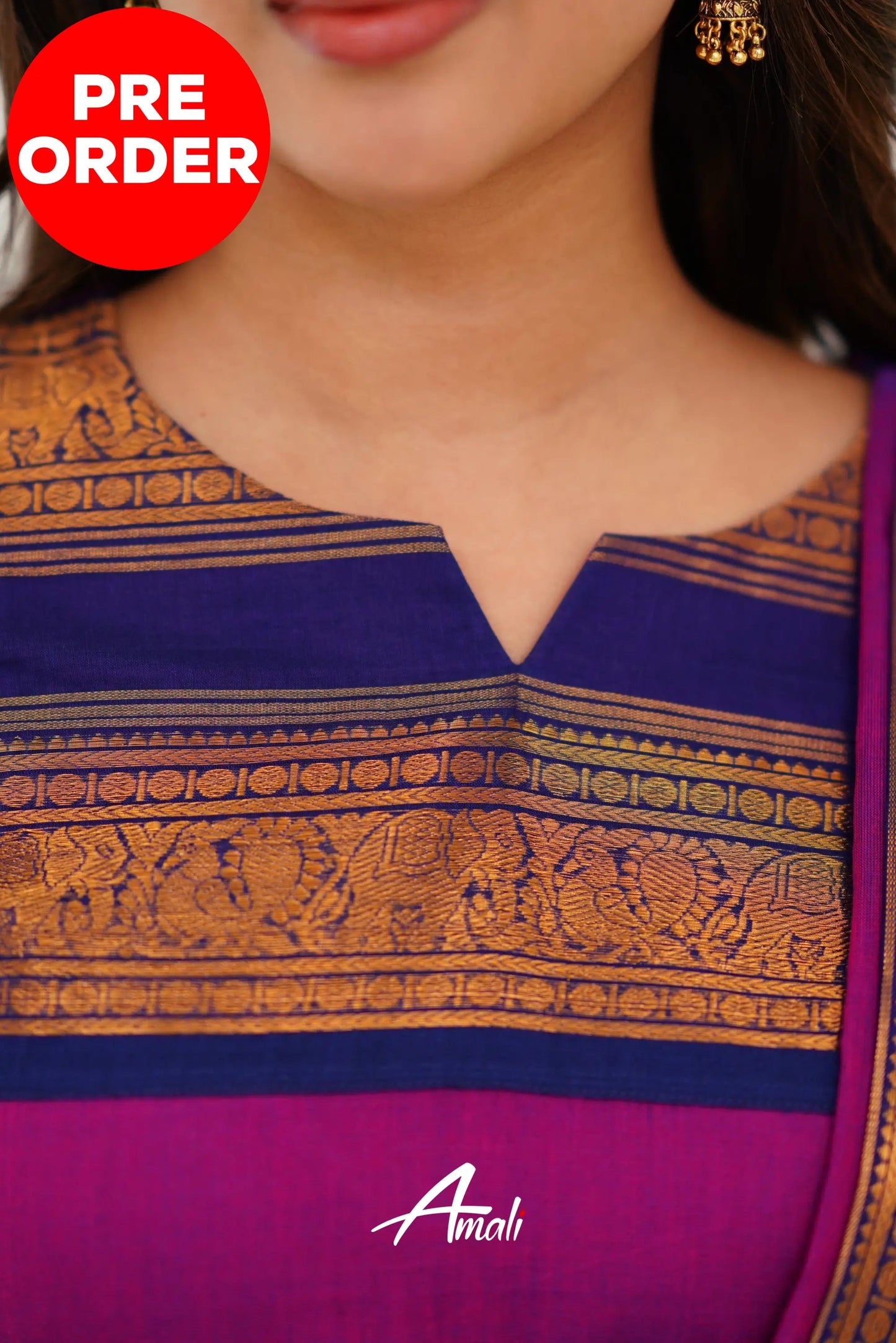 Mezos Magenta & Navy Cotton Silk Suit Set with Golden Zari Border – Premium Ethnic Wear by Amali