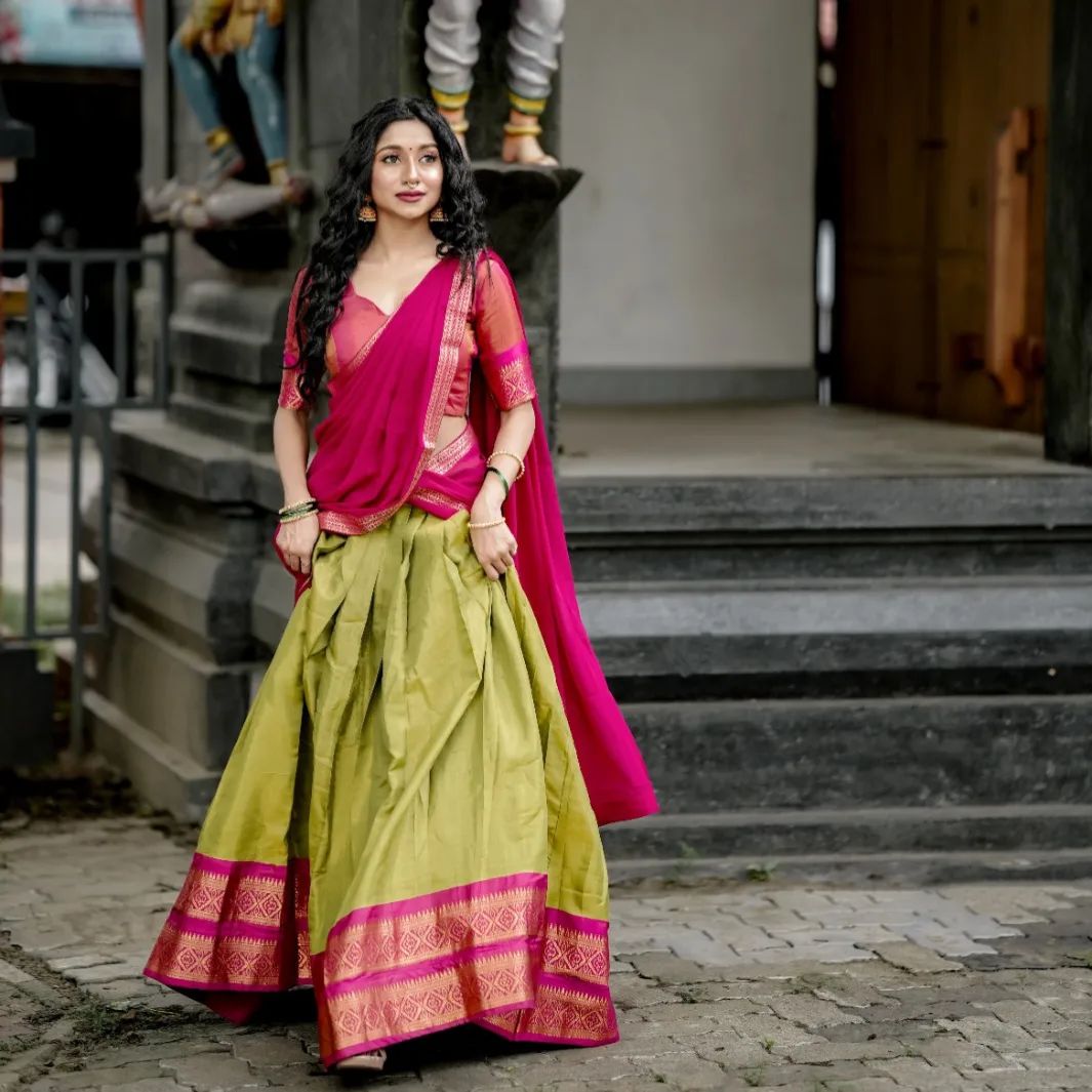 Mezos Olive Green & Rani Pink Banarasi Silk Half Saree Set | Amali Royal Heritage Collection