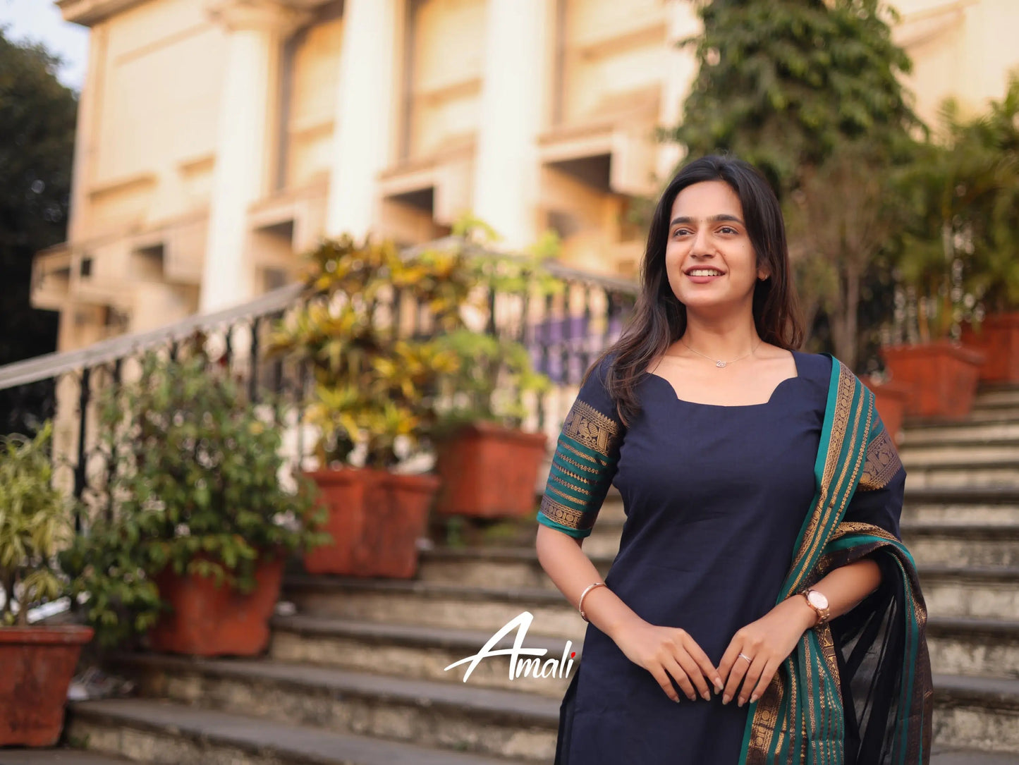 Mezos Navy Blue & Teal Cotton Silk Kurta with Golden Zari Dupatta – Elegant 2-Piece Set by Amali