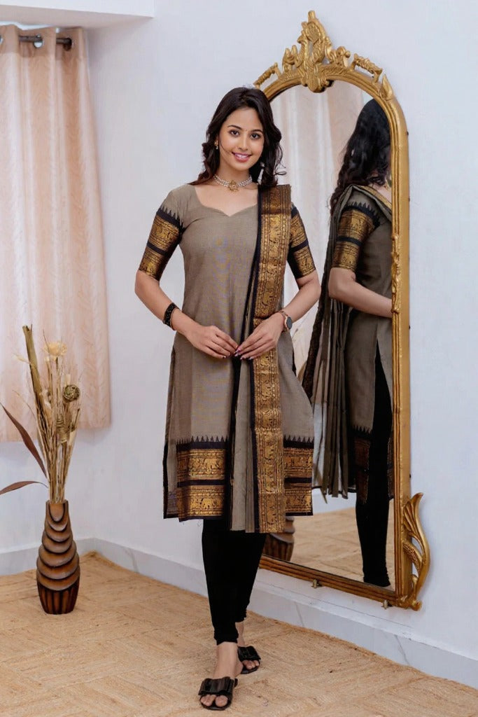 Mezos Grey & Black Cotton Silk Kurta with Golden Zari Dupatta – Elegant 2-Piece Set by Amali