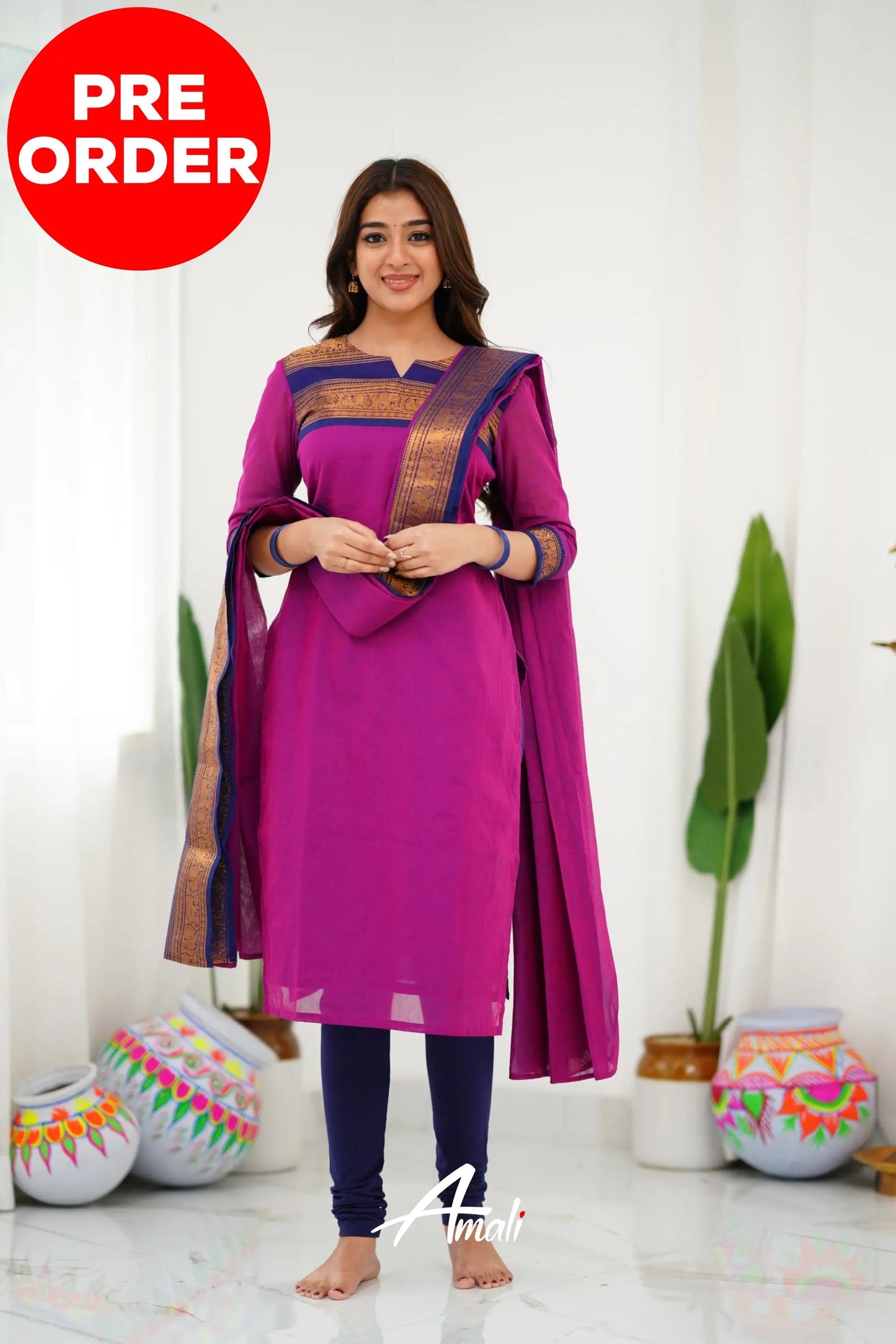 Mezos Magenta & Navy Cotton Silk Suit Set with Golden Zari Border – Premium Ethnic Wear by Amali